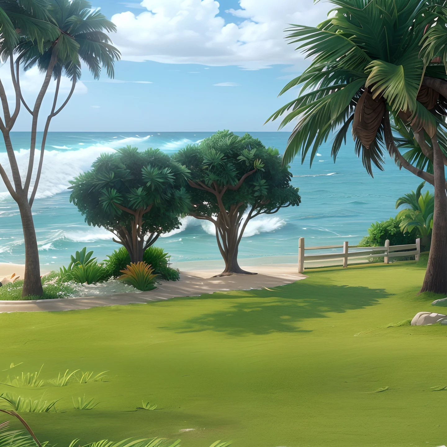 3d animation cartoon background of this scene, beautiful beach , there is a white fence made of concrete, lots of plants near the fence, the grass is bright green, The sea water is bright blue and the waves are beautiful, the sky is blue with lots of clouds