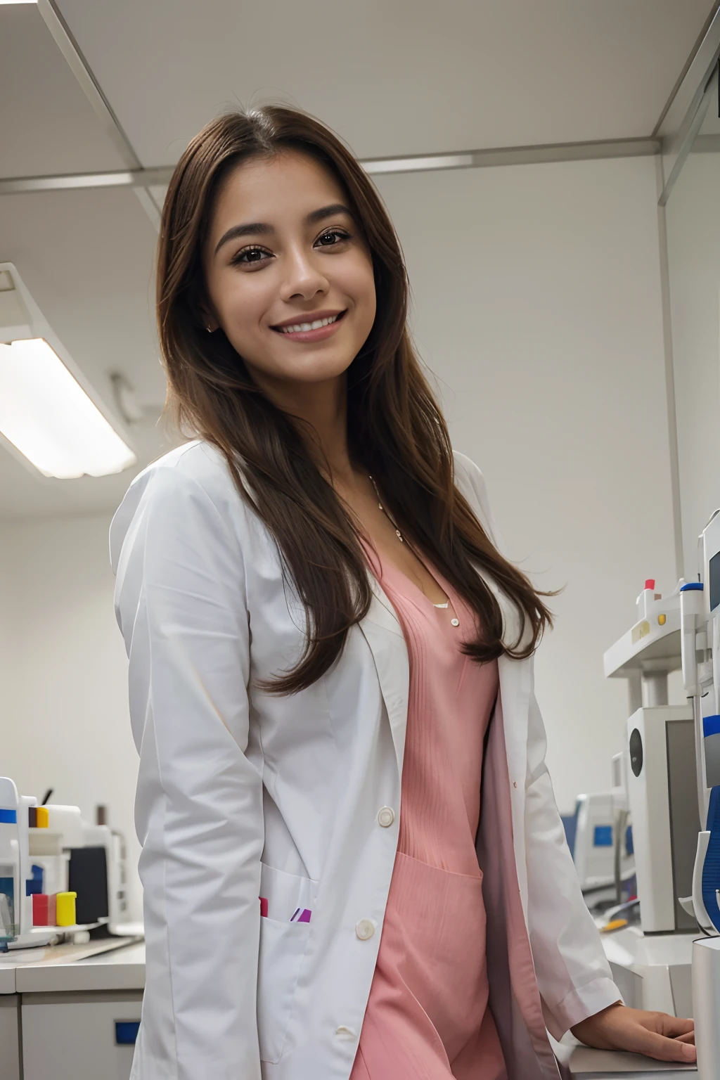 crie Mariana Davalos, sorrindo de felicidade, em Fotografia de corpo inteiro da obra de arte mais bonita do mundo, A beautiful woman in a medical lab coat, cores vibrantes e claras, ArtStation, CGSociety, complexo, alto detalhe, foco claro, dramatic, realistic pictorial art trends Greg Rutkovsky