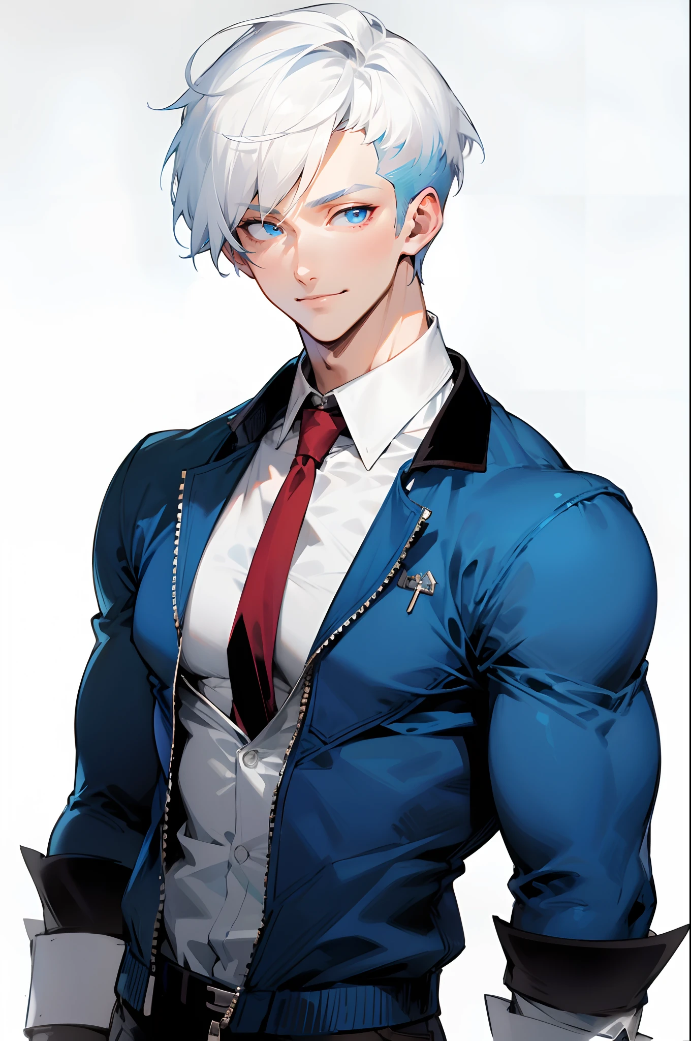 Handsome man , White hair , very Short hair, ((crew cut hair style:1 )) , Blue eyes , light skin , ((muscular:1)),masculine ,age 28,
Wearing a white button up shirt , dark red tie , mid shot , plain background, dark blue zip up , smiling .
(masterpiece, best quality )detailed, 1Character , pastel washed out colors , cell shade , soft, muted shades ,gentle colors ,