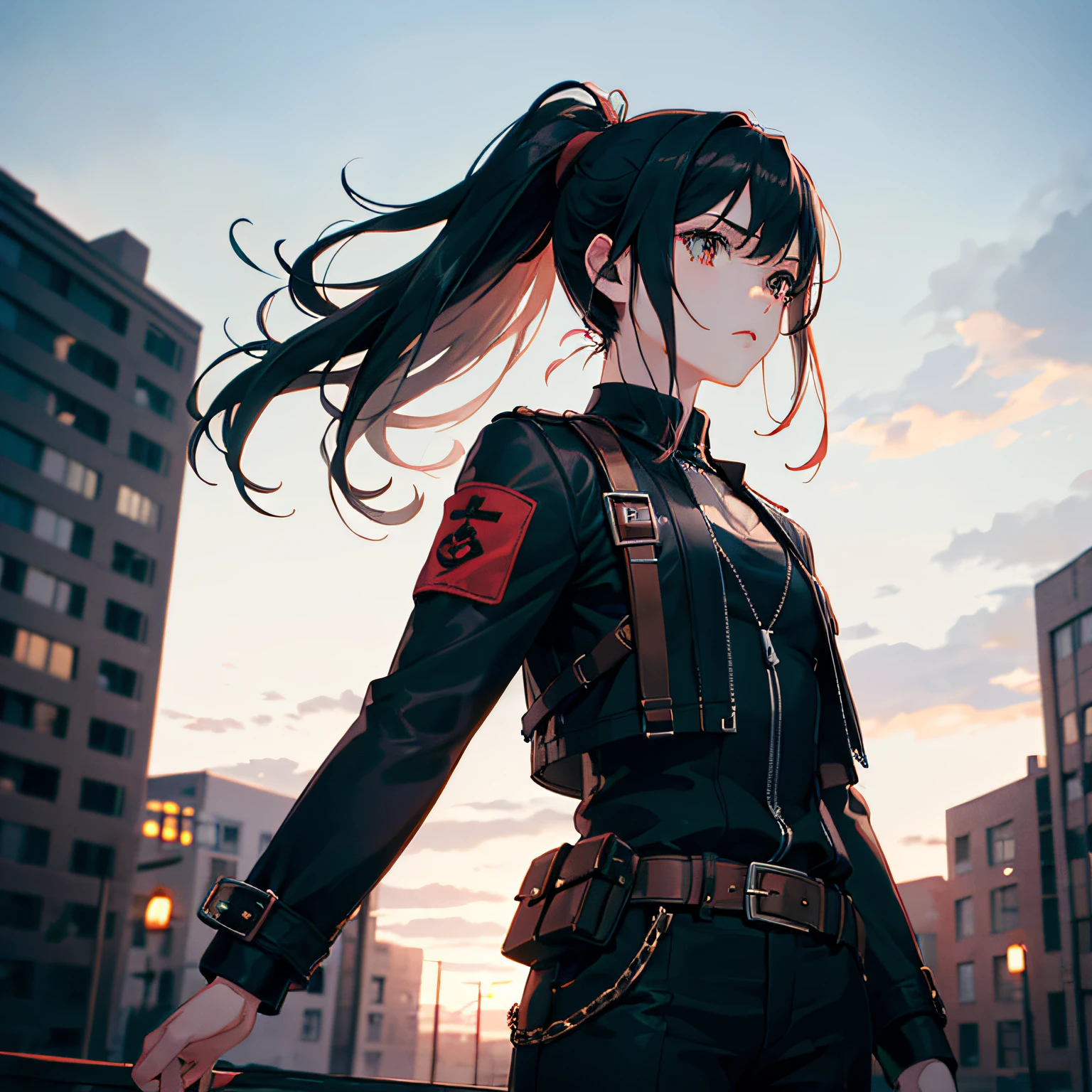 (((best quality, masterpiece))), (sfw:1.5),2 magical demon hunters in plain clothes on top of a building, 1boy, young adult, thin beard, ruffled hair, black hair, focused expression, ((black jacket with dark blue accents, inner shirt, covered upper body)), long pants, utility belt, brown eyes, slender build, BREAK 1girl, teenage, cute face, shoulder length hair, black hair, ponytail, focused expression, ((normal black jacket with red accents, tight white inner shirt, covered upper body)), long pants, utility belt, brown eyes, slender build, B-cup chest, (looking to the side, on top of a building), (cool looking pose), (fully clothed:1.5), (establishing shot:1.5), (back to back), cinematic, volumetric lighting, moonlight, night time, city lights, (highly detailed face:1.5)