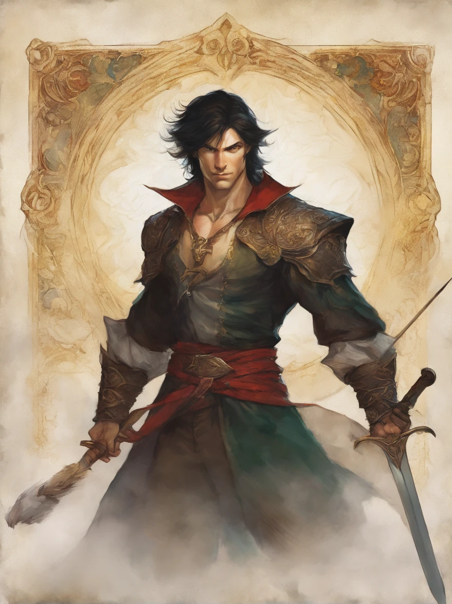 male, shada-kai, painting by donato giancola and ben templesmith, paladin, blçack eyes, short black hair, tall, with pale skin, mid age, using a great sword, black hair, no pupils, hollow eyes, evil smile, shaded