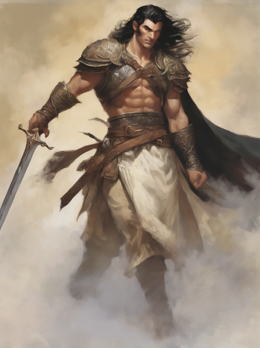 male, shada-kai, painting by donato giancola and ben templesmith, paladin, blçack eyes, short black hair, tall, with pale skin, mid age, using a great sword, black hair, no pupils, hollow eyes, evil smile, shaded