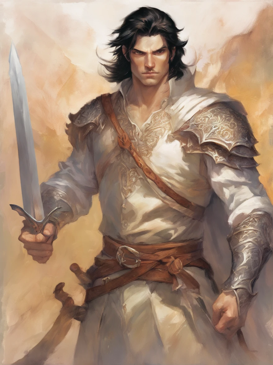 male, shada-kai, painting by donato giancola and ben templesmith, paladin, blçack eyes, short black hair, tall, with pale skin, mid age, using a great sword, black hair, no pupils, hollow eyes, evil smile, shaded