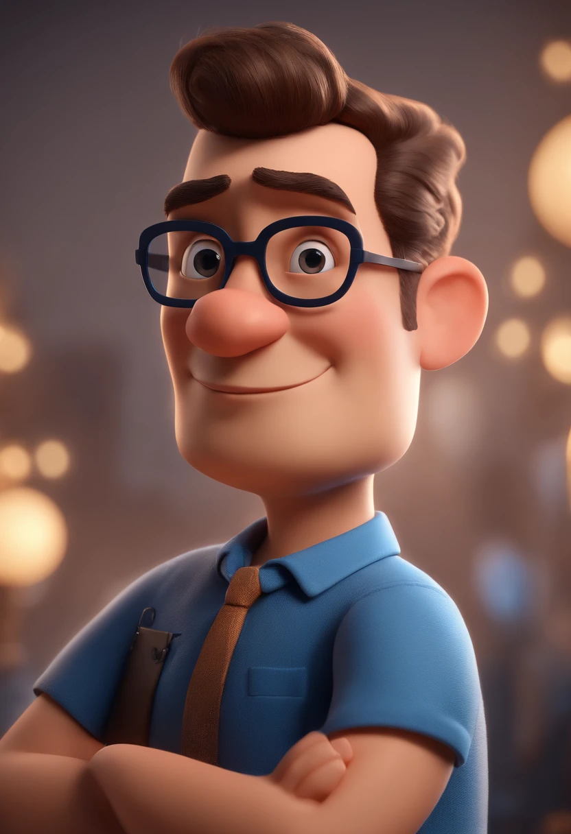 Cartoon character of a man with black glasses and a blue shirt, animation character, Caractere estilizado, animation style rendering, 3D estilizado, Arnold Maya render, 3 d render stylized, toon render keyshot, Personagem 3D, Personagem 3D, 3d rendering stylized, 3 d character render, personagem de desenho animado, Personagem de close up, Pose de personagem, (Estilo Pixar) (master part:1.2) (Bokeh) (best quality) (pele detalhada) (textura detalhada) (8k) (argila) (Cinematic lighting) (foco nítido