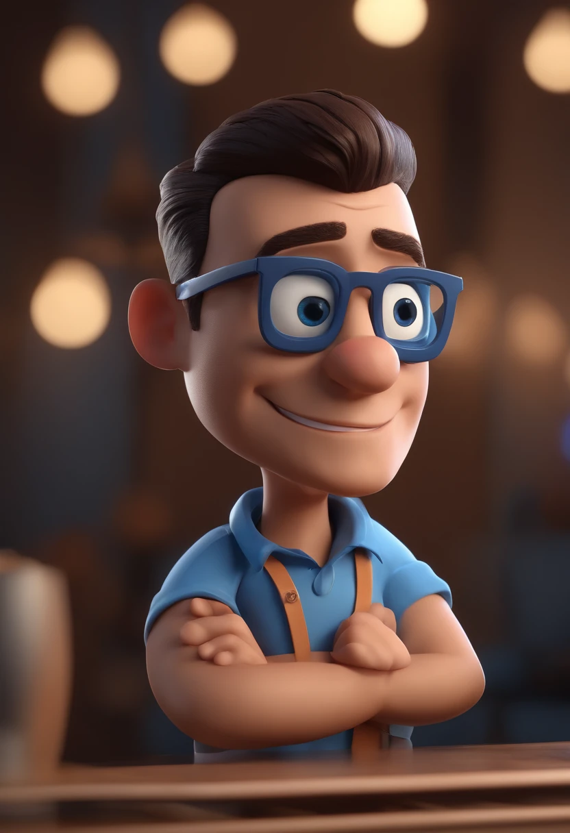 Cartoon character of a man with black glasses and a blue shirt, animation character, Caractere estilizado, animation style rendering, 3D estilizado, Arnold Maya render, 3 d render stylized, toon render keyshot, Personagem 3D, Personagem 3D, 3d rendering stylized, 3 d character render, personagem de desenho animado, Personagem de close up, Pose de personagem,  (Estilo Pixar) (master part:1.2) (Bokeh) (best quality) (pele detalhada) (textura detalhada) (8k) (argila) (Cinematic lighting) (foco nítido