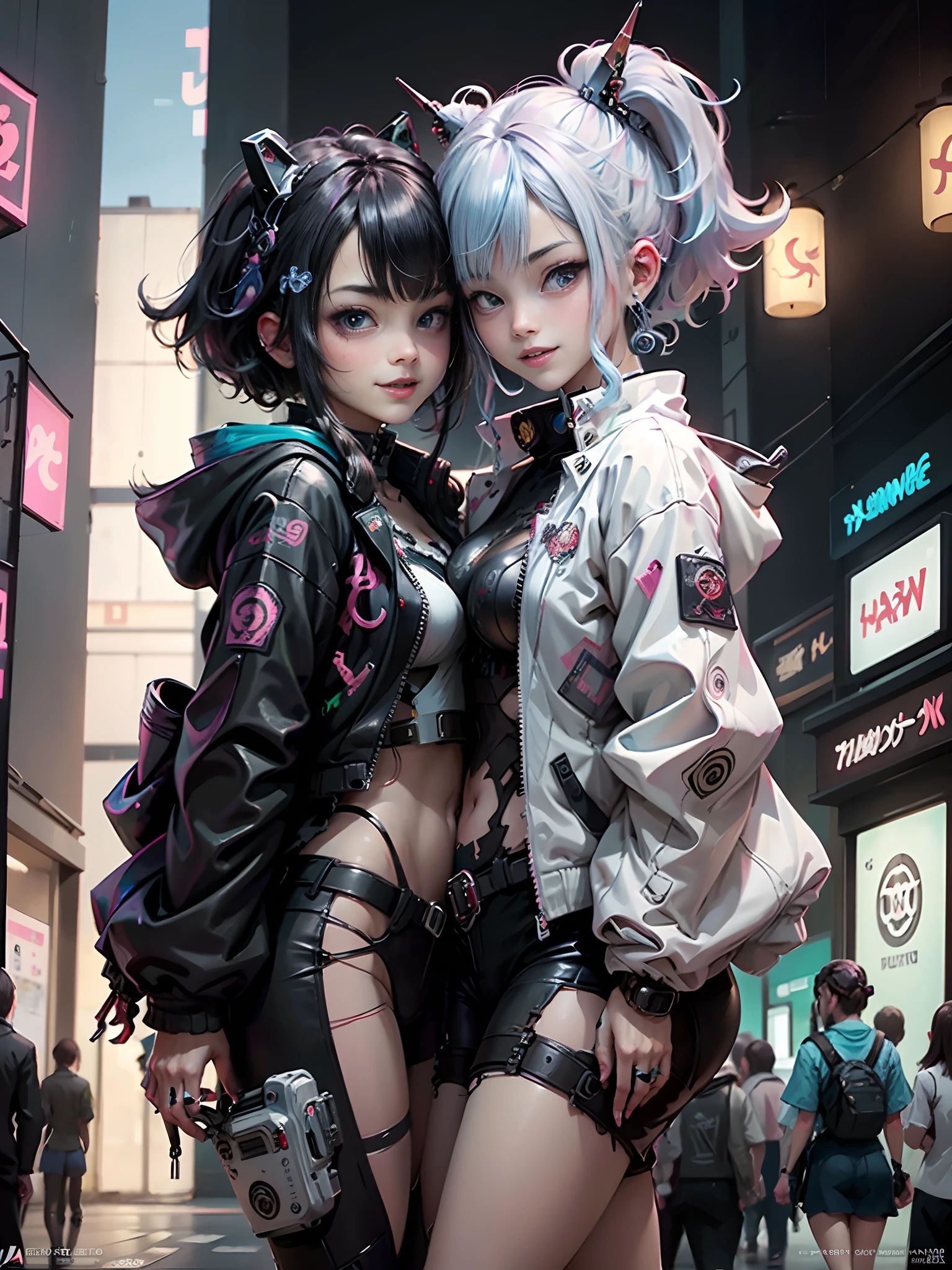 Anime masterpiece, best quality, (((2 laughing aged cyberpunk girls ((wearing detailed Harajuku tech jackets)) standing together for portrait))), (((Harajuku cyberpunk clothing)))), (bold colors and patterns), eye-catching accessories, trendy and innovative hairstyle))), ((insane detail)), dazzling Cyberpunk cityscape, skyscrapers, glowing neon signs, (LED lights), anime illustration, detailed skin texture, detailed cloth texture, beautiful detailed face, intricate details, ultra detailed, cinematic lighting, strong contrast.