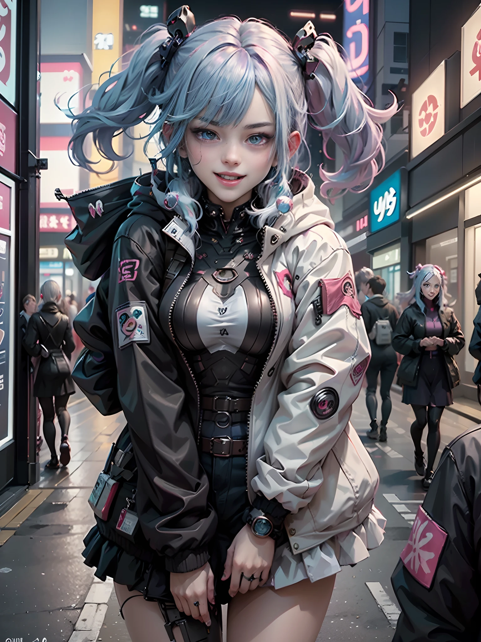 Anime masterpiece, best quality, (((2 laughing teenaged cyberpunk girls ((wearing detailed Harajuku tech jackets)) standing together for portrait))), (((Harajuku cyberpunk clothing)))), (bold colors and patterns), eye-catching accessories, trendy and innovative hairstyle))), ((insane detail)), dazzling Cyberpunk cityscape, skyscrapers, glowing neon signs, (LED lights), anime illustration, detailed skin texture, detailed cloth texture, beautiful detailed face, intricate details, ultra detailed, cinematic lighting, strong contrast.