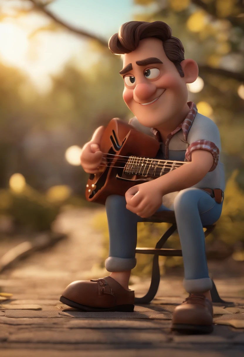 Personagem dos desenhos animados, Rufus o Lenhador, gordinho com barba com camisa xadrez, roqueiro, tocando Guitarra Stratocaster, White man standing, animation character, Caractere estilizado, animation style rendering, 3D estilizado, Arnold Maya render, 3 d render stylized , toon render keyshot, Personagem 3D, Personagem 3D, 3d rendering stylized, 3 d character render, personagem de desenho animado, Personagem de close up, Pose de personagem, (Estilo Pixar) (master part:1.2) (Bokeh) (melhor qualidade) (pele detalhada) (specific texture) (8k) (argila) (Cinematic lighting) (foco nítido
