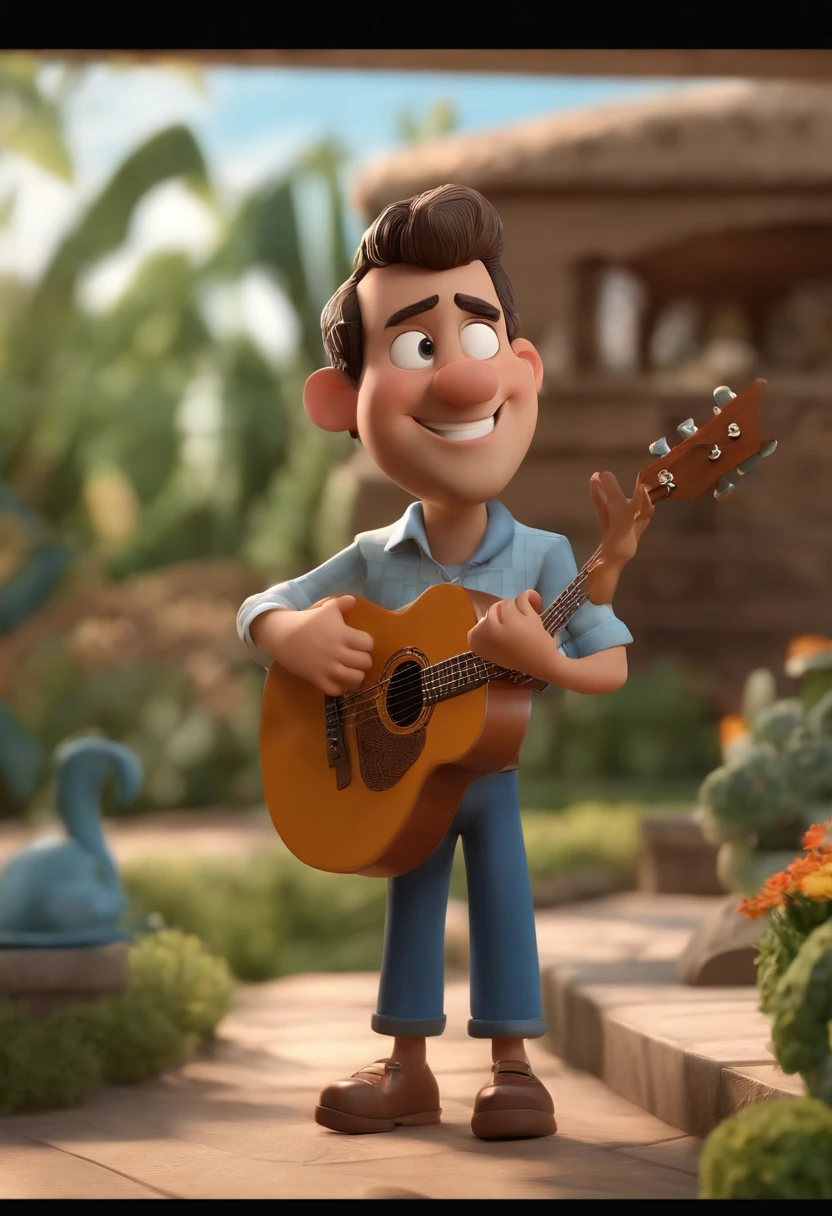 Personagem dos desenhos animados, Rufus o Lenhador, gordinho com barba com camisa xadrez, roqueiro, tocando Guitarra Stratocaster, White man standing, animation character, Caractere estilizado, animation style rendering, 3D estilizado, Arnold Maya render, 3 d render stylized , toon render keyshot, Personagem 3D, Personagem 3D, 3d rendering stylized, 3 d character render, personagem de desenho animado, Personagem de close up, Pose de personagem, (Estilo Pixar) (master part:1.2) (Bokeh) (melhor qualidade) (pele detalhada) (specific texture) (8k) (argila) (Cinematic lighting) (foco nítido
