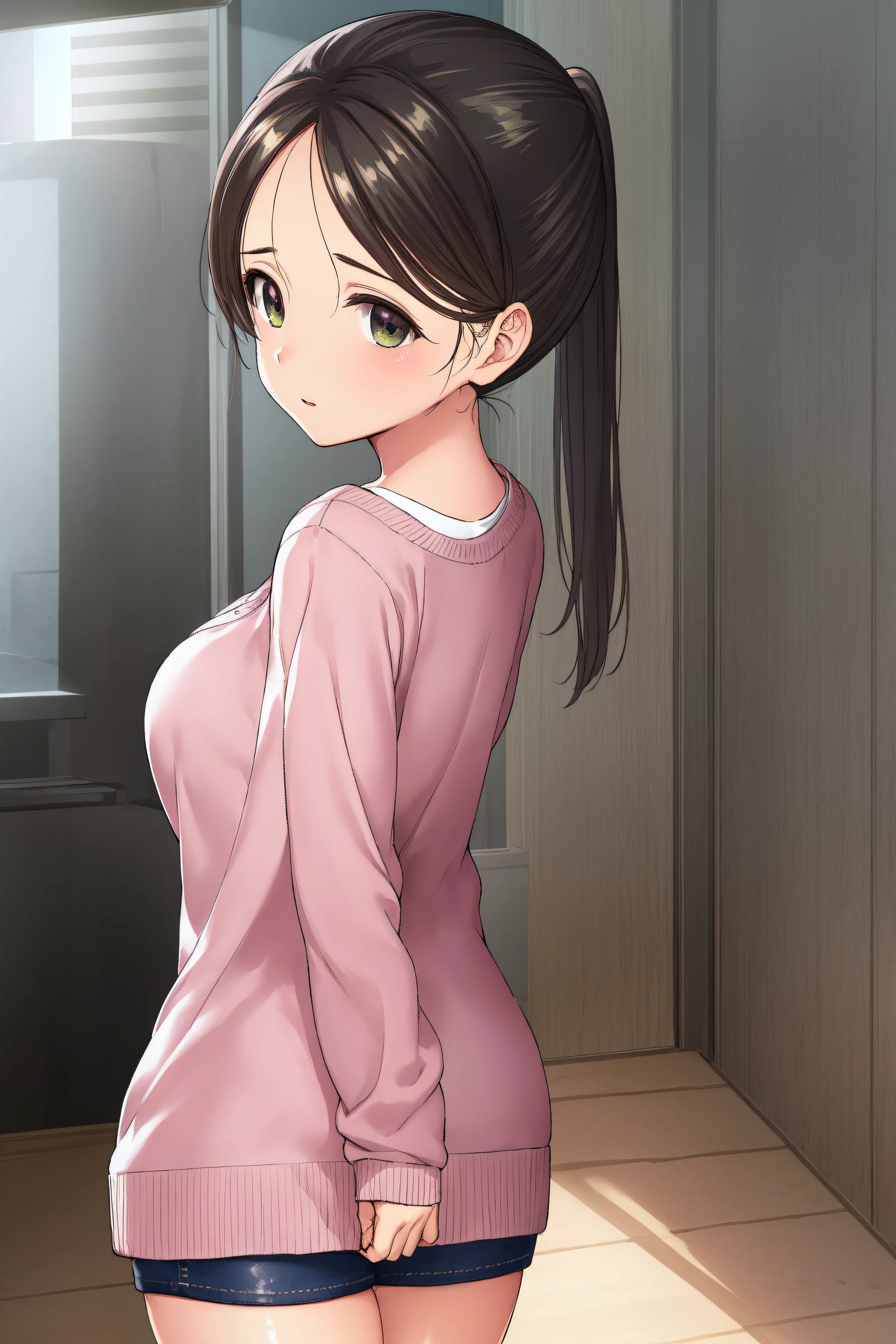 akaneyoshizawa, akane yoshizawa, black hair, ponytail, (green eyes:1.5), swept bangs, long hair,
BREAK wearing (pink bra), cardigan, short shorts,
BREAK indoors, classroom,
BREAK looking at viewer, (cowboy shot:1.5),standing, leaning forward, arms behind back
BREAK (masterpiece:1.2), best quality, high resolution,NSFW ,unity 8k wallpaper, (illustration:0.8), (beautiful detailed eyes:1.6), extremely detailed face, perfect lighting, extremely detailed CG, (perfect hands, perfect anatomy),