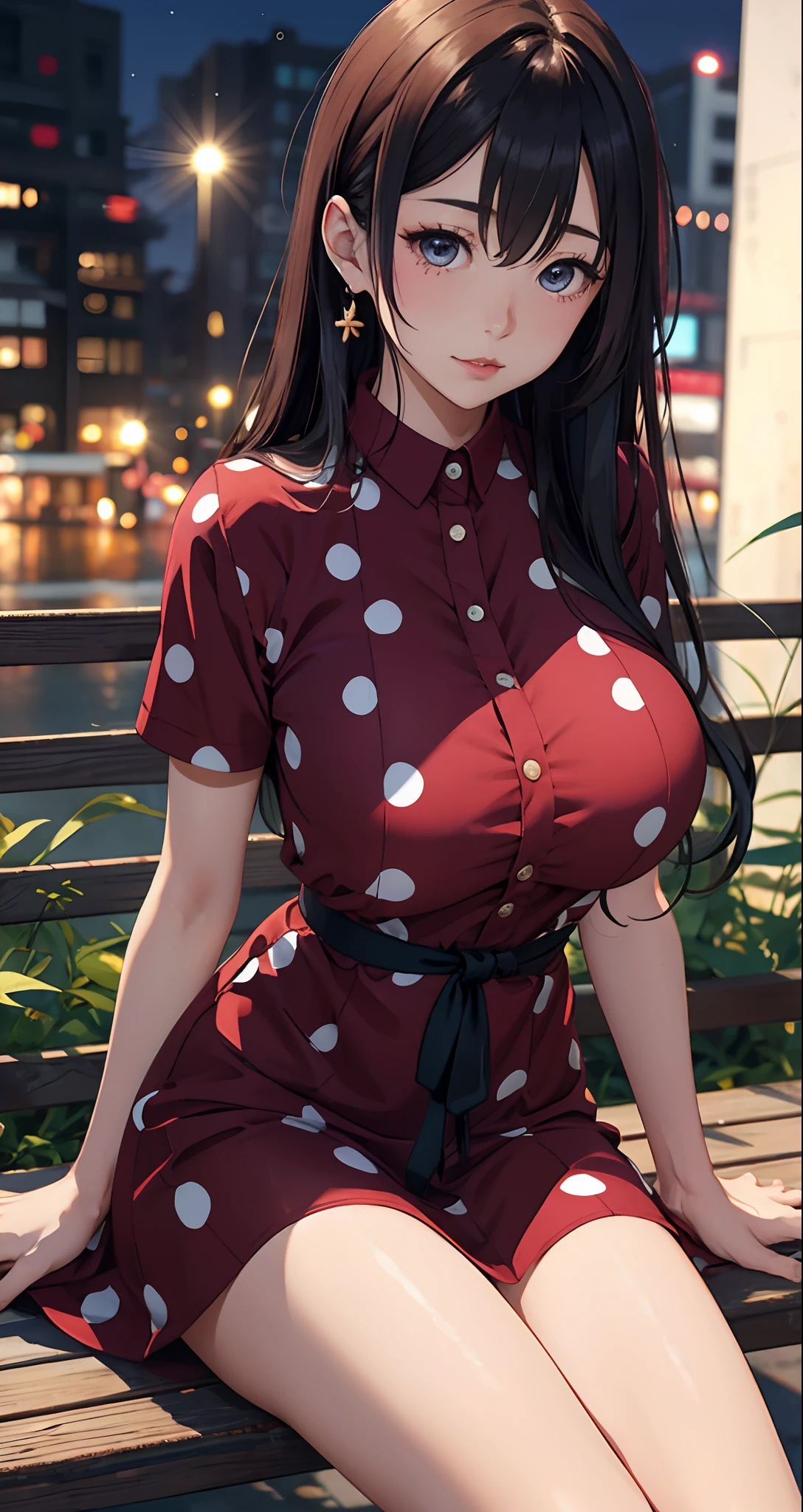 masterpiece, best quality, kousaka honoka,28 year old woman,long hair,shiny_skin,thin_waist,huge breasts
BREAK
polka_dots_midi_dress,socks,,
        converse
BREAK
night,, Drawing_class,,crowd:1.1,depth of field,looking at viewer,sitting on bench,random pose