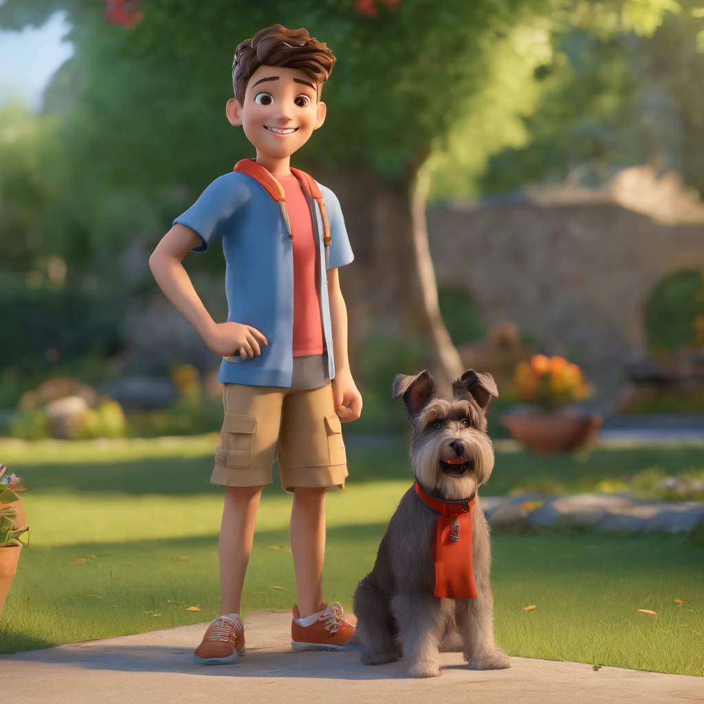 Lucas is a smiling 15-year-old human boy, com seu fiel amigo, Bolt, o cachorro schnauzer, deitados no jardim