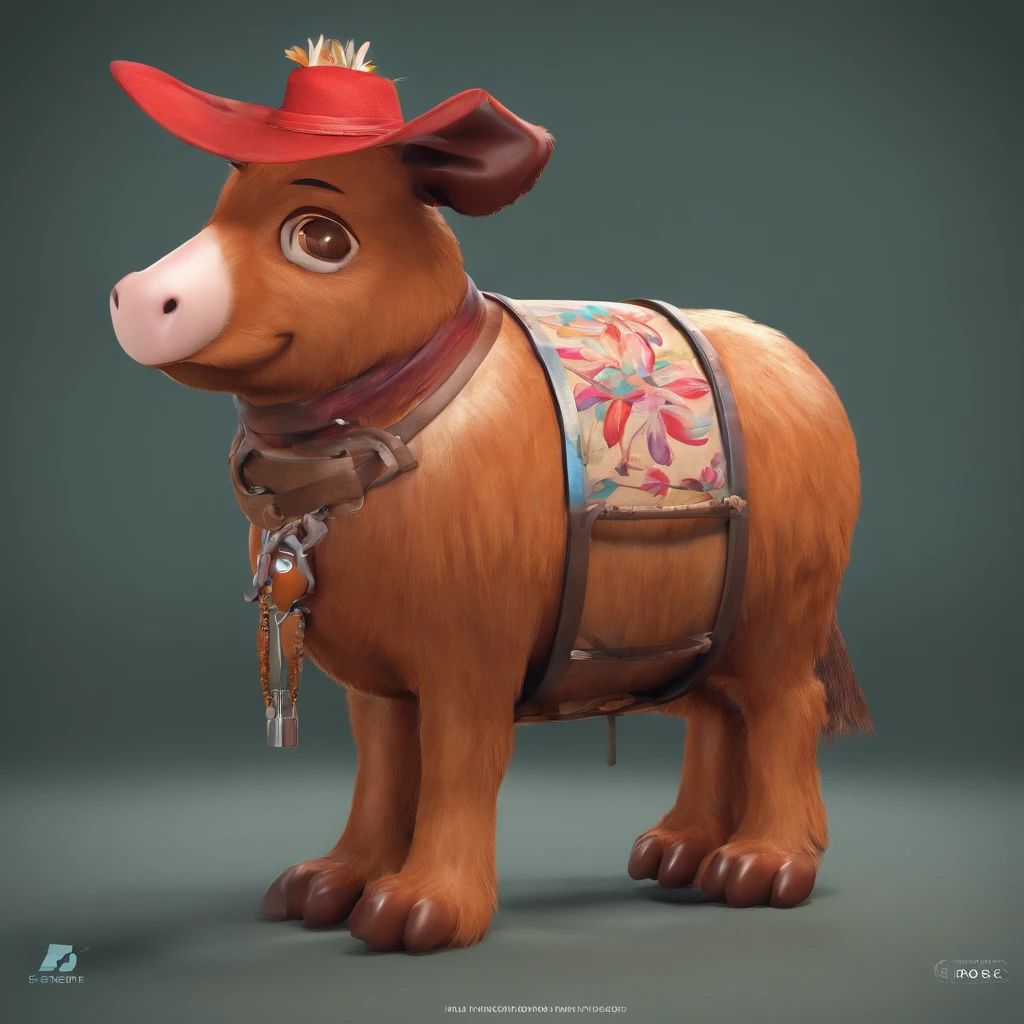 Uma vaca com manchas brancas e pretas, usando uma tapa-olho preto, A red bandana on his head, veste uma camisa branca, colete preto, cinto largo com uma cincola grande, segurando um mapa do tesouro enrolado na boca, com um papagaio de travesseiro no ombro, Standing with one paw advanced on a brown barrel