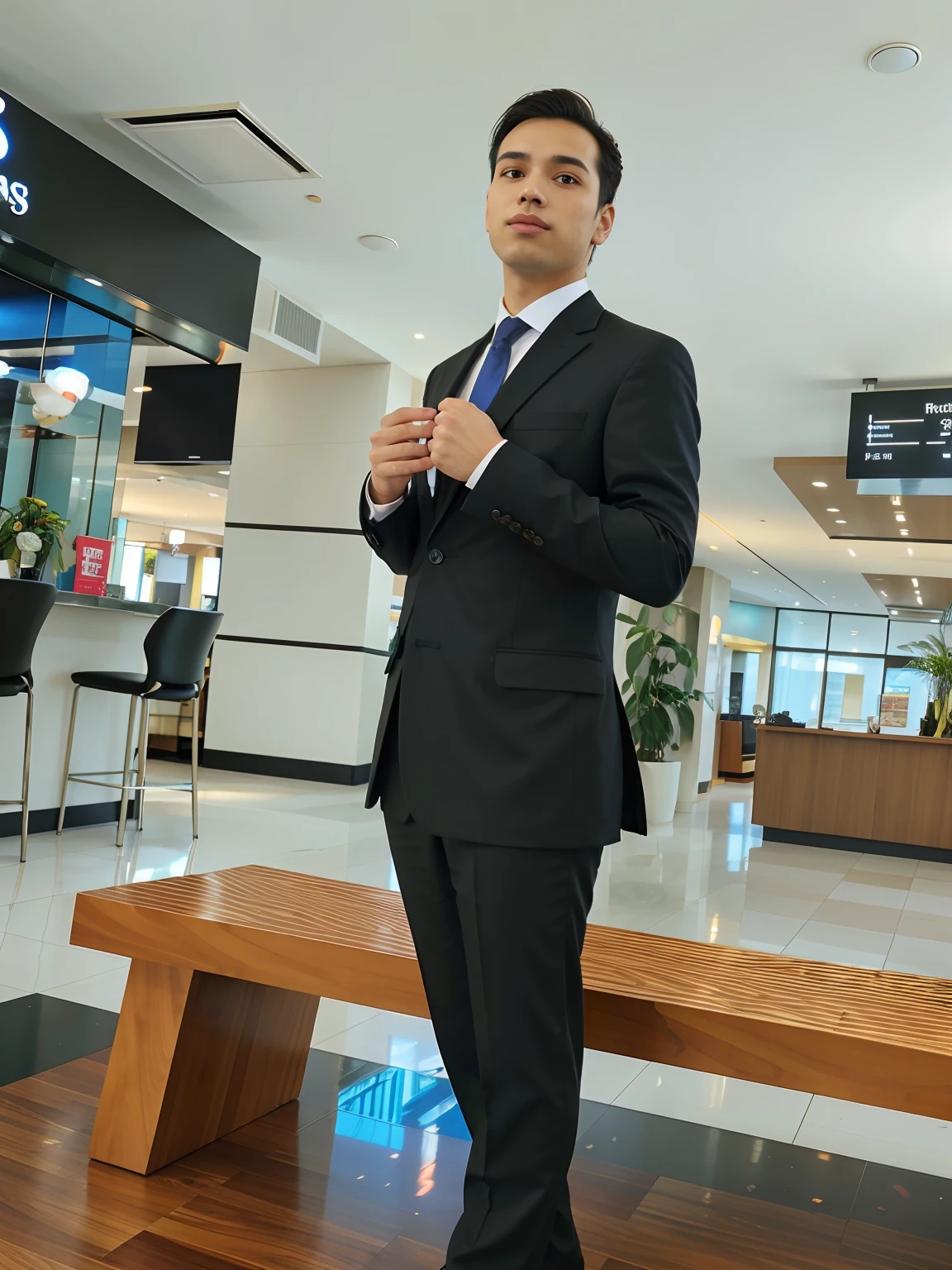 Man in suit and tie standing in lobby, em terno estrito, em seu terno, em um terno estrito, wearing business suit, with a business suit on, vestindo um terno preto, wearing a strict business suit, wearing a business suit, vestindo terno preto, in a business suit, ready for a meeting, vestido com um terno, vestindo um terno