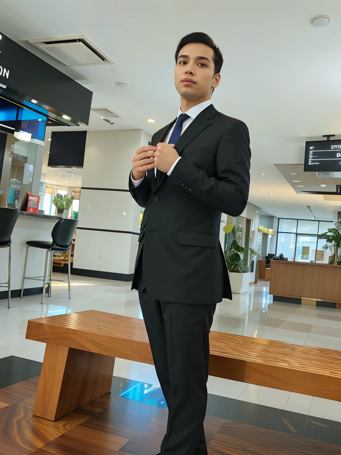 Man in suit and tie standing in lobby, em terno estrito, em seu terno, em um terno estrito, wearing business suit, with a business suit on, vestindo um terno preto, wearing a strict business suit, wearing a business suit, vestindo terno preto, in a business suit, ready for a meeting, vestido com um terno, vestindo um terno