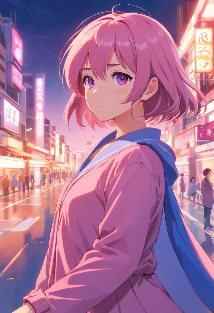Anime lola, Refund 6 years, Short hair, Hair pink, Four Extra Long Hairs, violet eyes, pajama dress, blue dress, purple jacket, long-sleeved jacket,