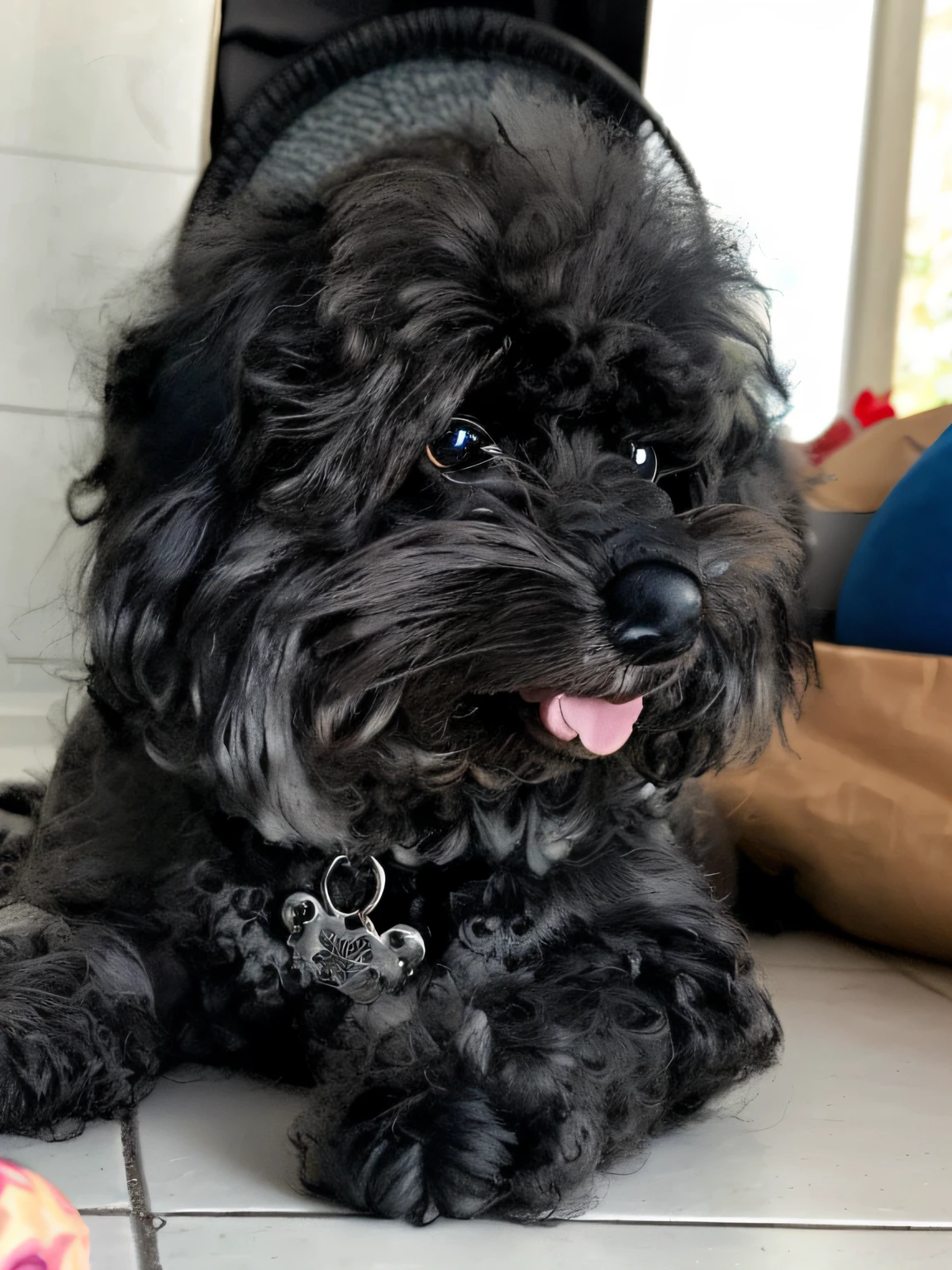 Desenhe um poodle preto, with an elegant build and low coat characteristic of the breed. He has a friendly smile and bright eyes. O poodle usa uma coleira azul com um pingente em forma de osso. Its ears are well defined and the muzzle is delicate, com um ar de curiosidade exibindo uma atitude alerta e animada. He could be having fun in a square or with a little blue ball. Essa imagem reflete um poodle encantador e cativante baseado em disney pixar