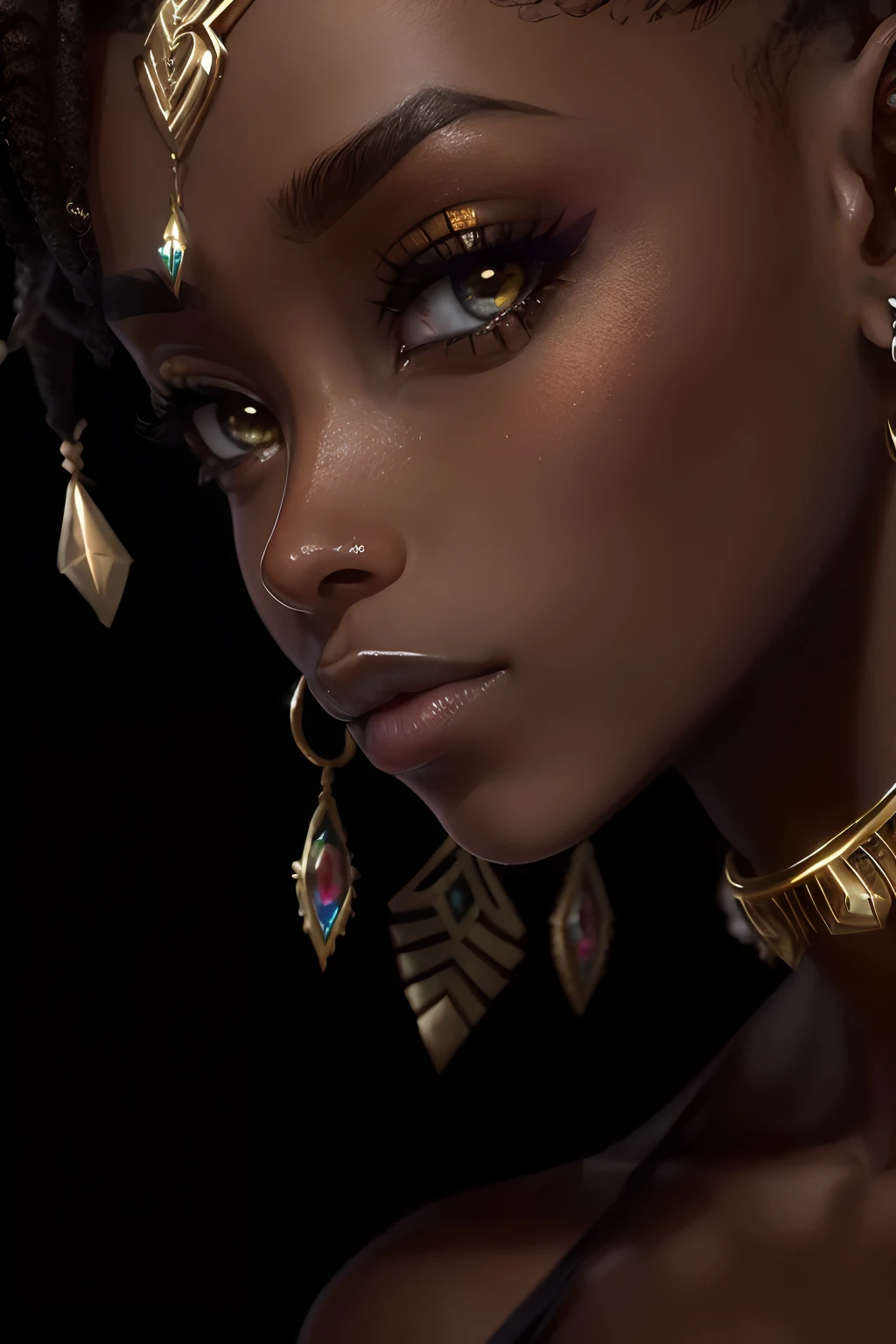 obra-prima, melhor qualidade, ultra-detalhado, 8K, luz detalhada, sombra detalhada, RAW, (pele detalhada), (realista: 1.2), 1 Mulher negra (afrodescendente), natural da africana, pele negra, sensual, pele refinada, rosto, unhas, cabelos encaracolados, olhando para o visualizador, piercing, fundo niquelado, boca fechada, olhos castanhos escuros, esmalte de unha vermelho,-auto