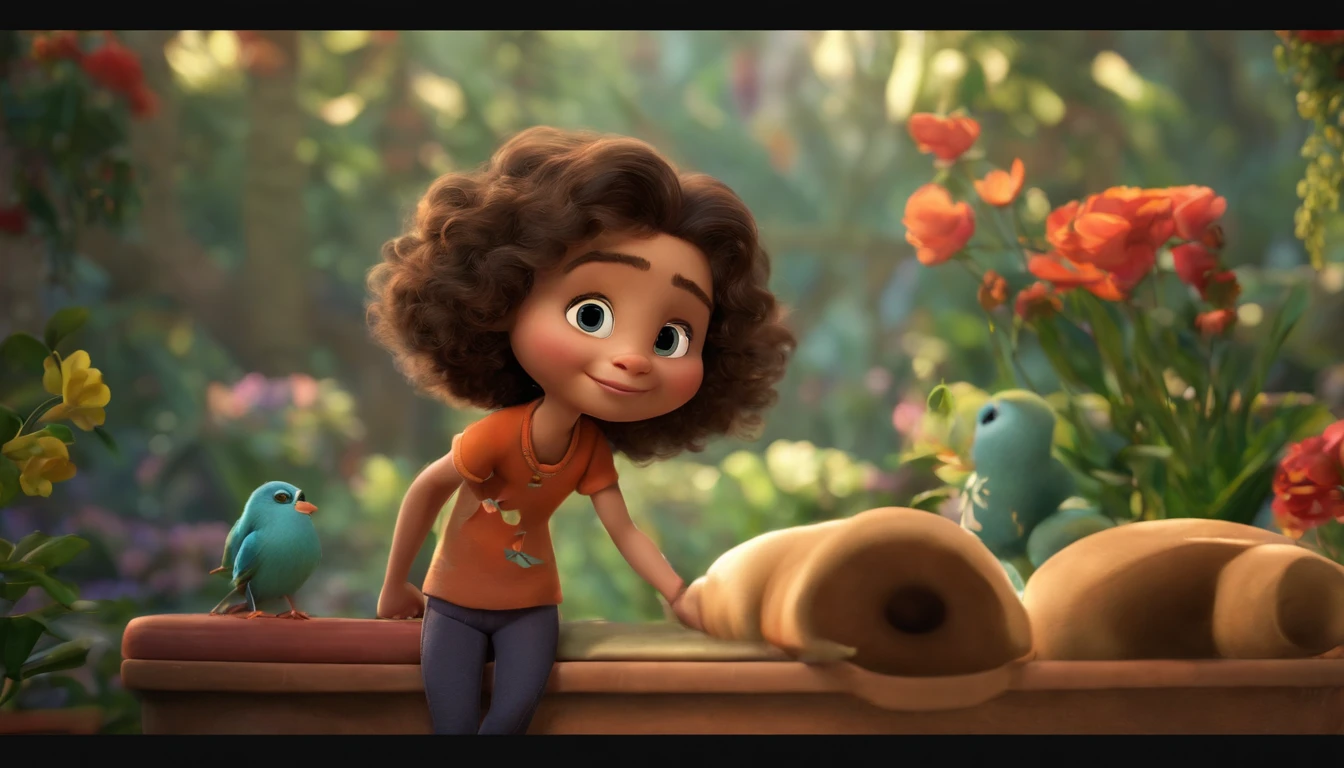 expressions, vibrant colors and constructed textures characteristic of his animations, entitled “Samy”. A Disnei Pixar-inspired movie post titled “Samy.” story of a woman with a delicate appearance, big curly hair, blonde and gray, big brown eyes and freckles on her face, full mouth, black tank top and baggy black pants, holding a camera, in a photo studio, tattoo of birds and flowers on your arms . full body, the scene must be in Disnei Pixar's signature digital art style, (Estilo Pixar) (master part:1.2) (Bokeh) (best quality) (pele detalhada) (textura detalhada) (8k) (argila) (Cinematic lighting) (foco nítido