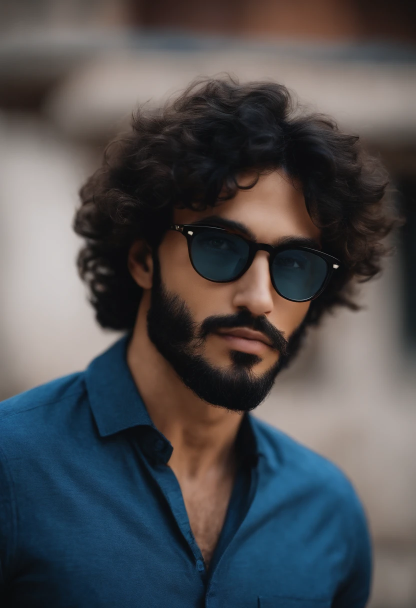 Homem moreno cabelo curto e preto, Square glasses with black frame, olhos negros, sem barba, camisa Polo na cor azul escura