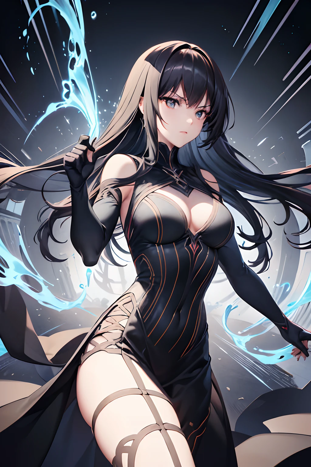 Create a dynamic and detailed digital illustration of a beautiful female assassin in black, characterized by perfect anatomy, centered composition, and an anime art style that brings out her intense and mysterious persona. --ar 16:9 --v 5.2