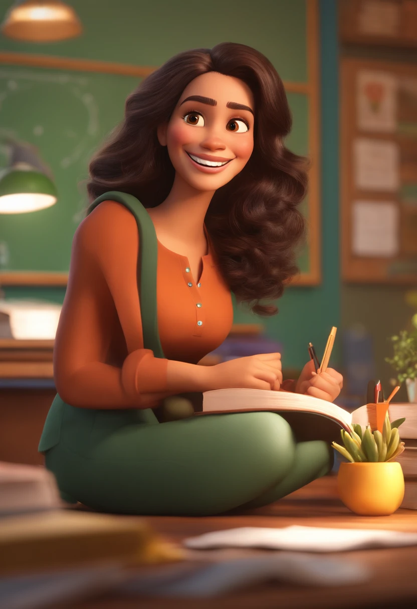 Imagem de uma mulher de 34 anos, cabelo loiro, jaqueta branca, em formato Pixar, She's a teacher, is in the classroom, is smiling, fundo da imagem colorido, 4K分辨率,