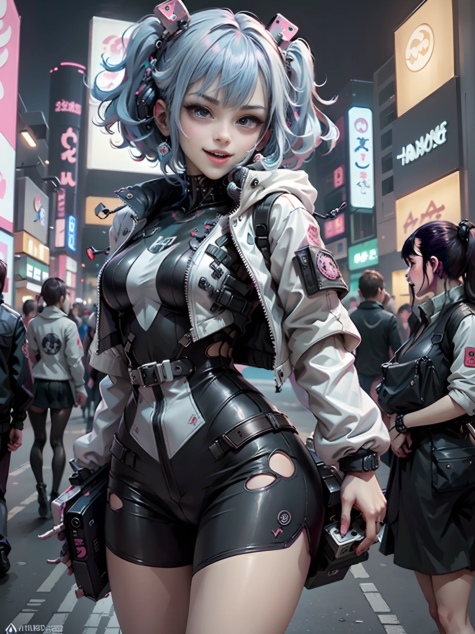 Anime masterpiece, best quality, (((2 laughing teenaged cyberpunk girls ((wearing detailed Harajuku tech jackets)) standing together for portrait))), (((Harajuku cyberpunk clothing)))), (bold colors and patterns), eye-catching accessories, trendy and innovative hairstyle))), ((insane detail)), dazzling Cyberpunk cityscape, skyscrapers, glowing neon signs, (LED lights), anime illustration, detailed skin texture, detailed cloth texture, beautiful detailed face, intricate details, ultra detailed, cinematic lighting, strong contrast.