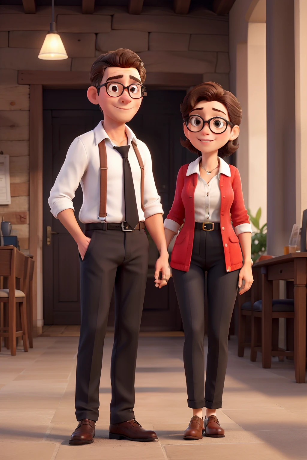 Obra-prima, de melhor qualidade, A couple where the man is white, cabelos loiros aparado dos lados e enrolado, wears white shirt and black pants, Neck strap. The woman is brunette, do cabelo preto e enrolado, Pint next to nose and glasses round, veste vermelho e colar de ouro