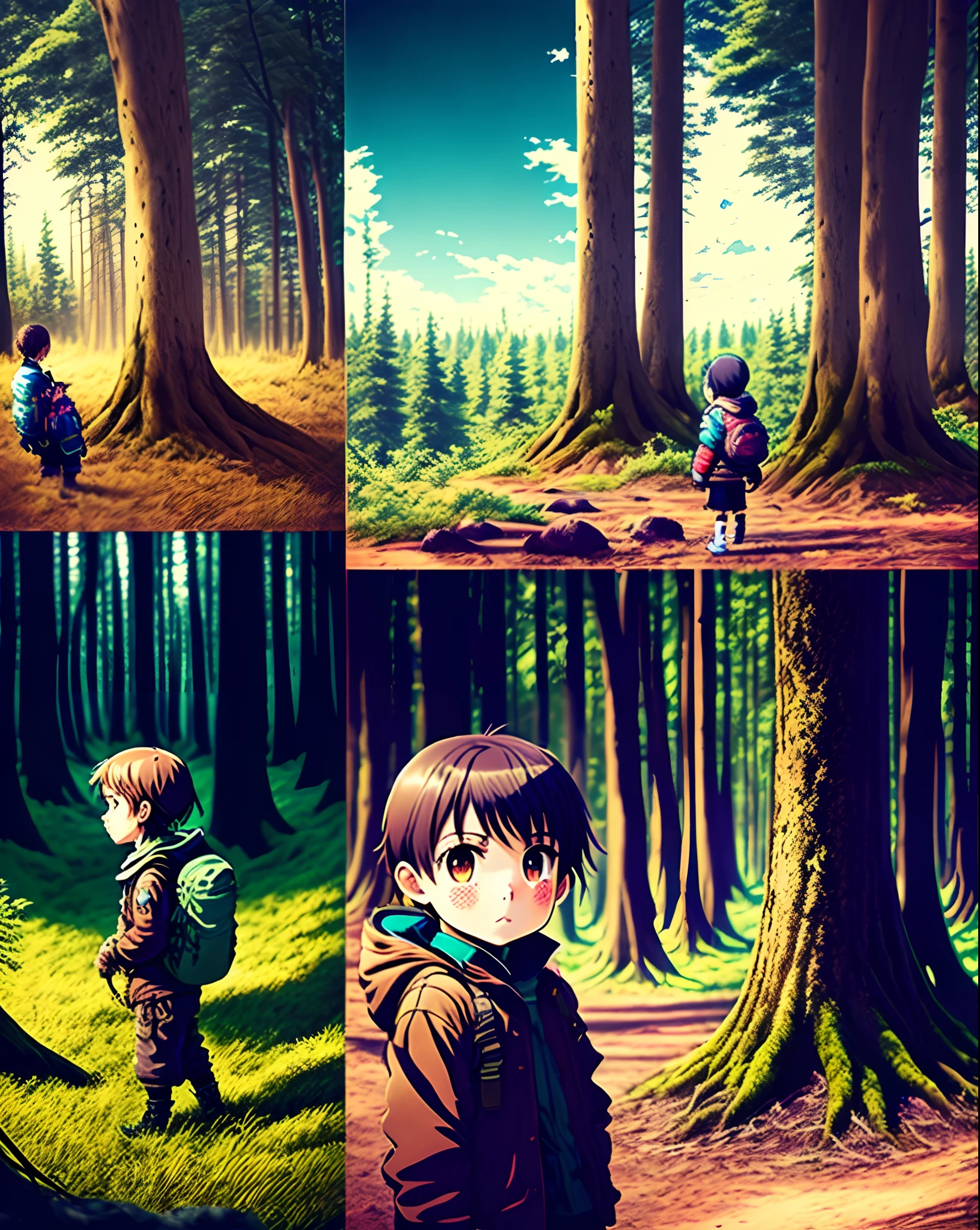 4 photos of a  adventuring in the forest in chronological order with an anime taste