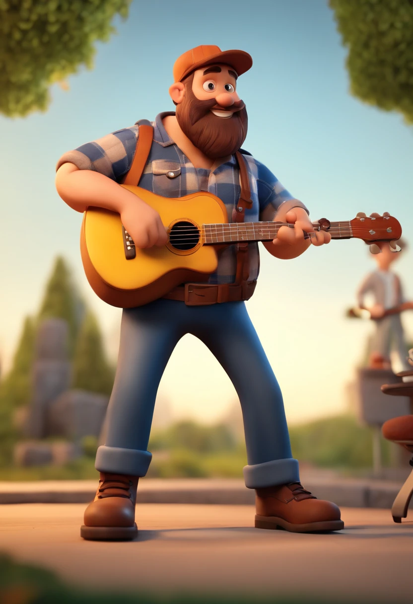 Cartoon character, Rufus the Lumberjack, chubby guy with beard in plaid shirt, rocker, playing Stratocaster Guitar, Standing white man, animation character, Stylized character, animation style rendering, 3d stylized, Arnold Maya render, 3 d render stylized , toon rendering keyshot, 3D Character, 3D Character, Stylized 3D Rendering, 3D Character Rendering, cartoon character, Closeup Character, Character Pose, (Pixar Style) (Masterpiece:1.2) (Bokeh) ( best quality) (detailed skin) (specific texture) (8k) (clay) (Cinematic lighting) (sharp focus