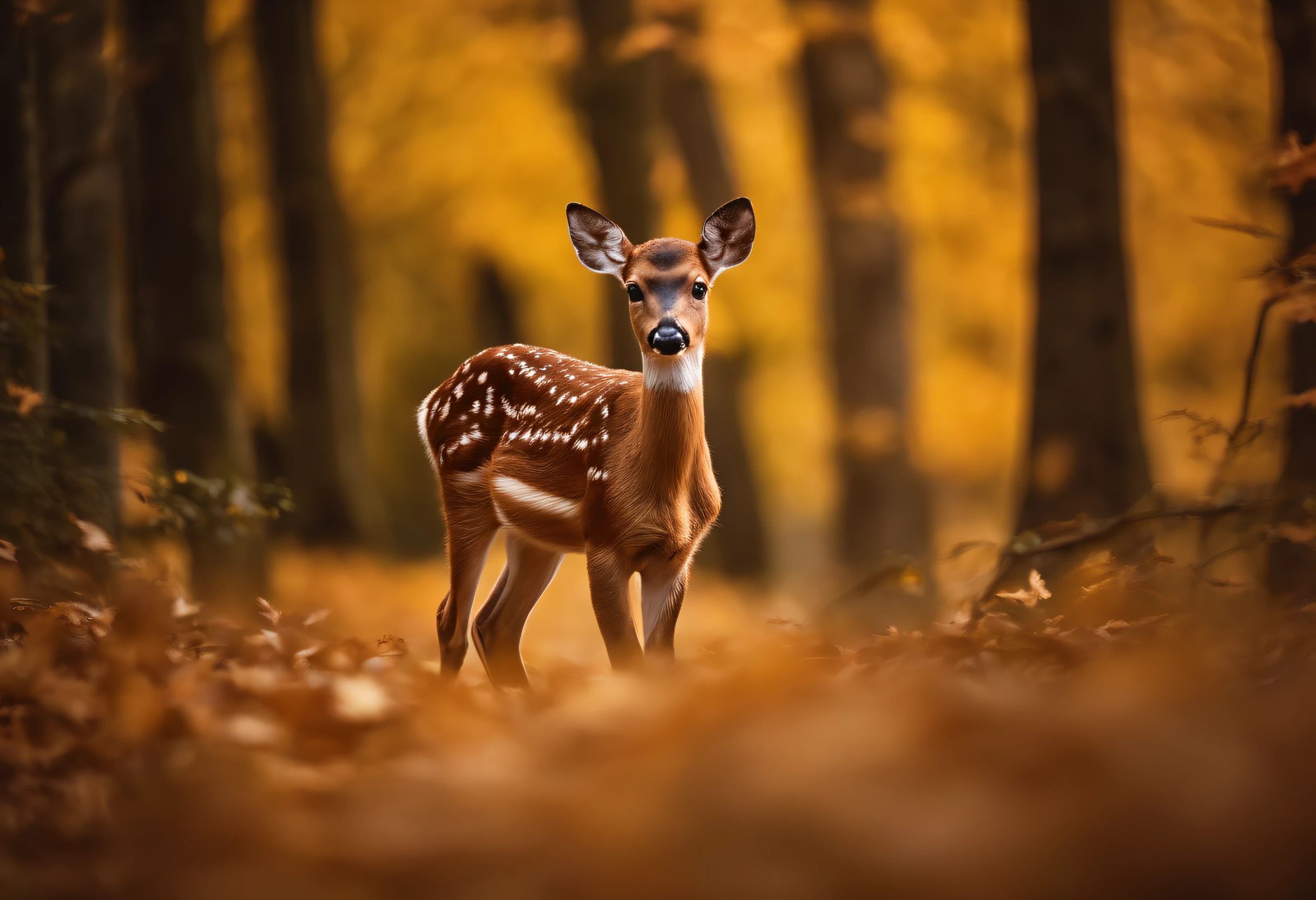 Hyper-realistic glamour photo of a cute deer nibbling on maple leaves surrounded by beautiful maple leaves in a forest of dark anapaldiles, autumn, Hermosos ojos, luz del sol, (alta calidad:1.2), Pelaje extremadamente detallado, Obra maestra, La mejor calidad, Cinematographer, dreamlike, Enfoque facial, Detalles intrincados, foco nítido, Cinematographer, Fotorrealismo, fotorrealista, Enfoque suave, volumetric light, (Obra maestra), (Detalles intrincados), (hiperdetallado), Alto detalle, Muchos detalles, alta calidad, soft cinematic light, dramatic atmosphere, atmosphric perspective, Trazado de rayos, Subsoil Scatter, Photograph Poertrait