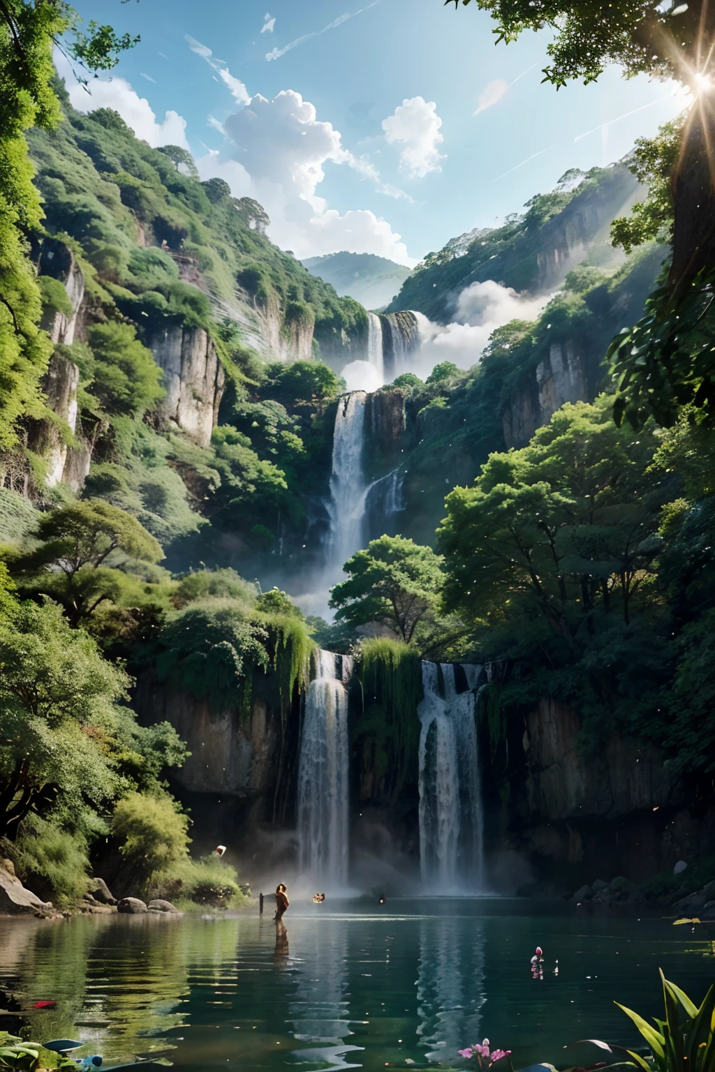 Create a breathtaking anime masterpiece set in ancient China during spring. Depict a vibrant jungle surrounding a tranquil lake, with a hidden cave behind a majestic waterfall. A towering tree stands in a sunlit meadow, while a group of deer roam nearby. Capture the ethereal beauty of a hot spring enveloped in water vapor. Illuminate the scene with realistic lighting, enhancing the HD details. Craft an epic composition that showcases the grandeur of this unified 8k wallpaper, ensuring it becomes a mesmerizing artwork and a true masterpiece. --ar 16:9 --v 5.2