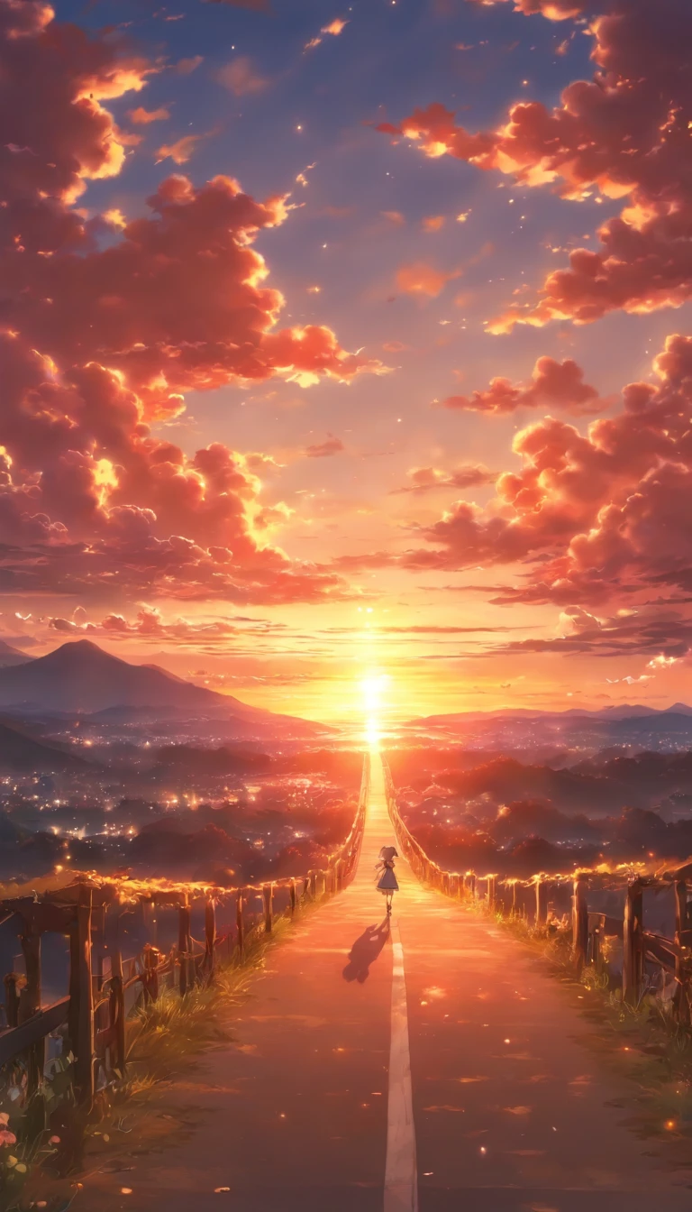 The never-ending road.Sunset、The sky is dyed with beautiful colors。Fantastic sky. crystal clear skies.High quality down to the smallest detail. fantastic landscape .