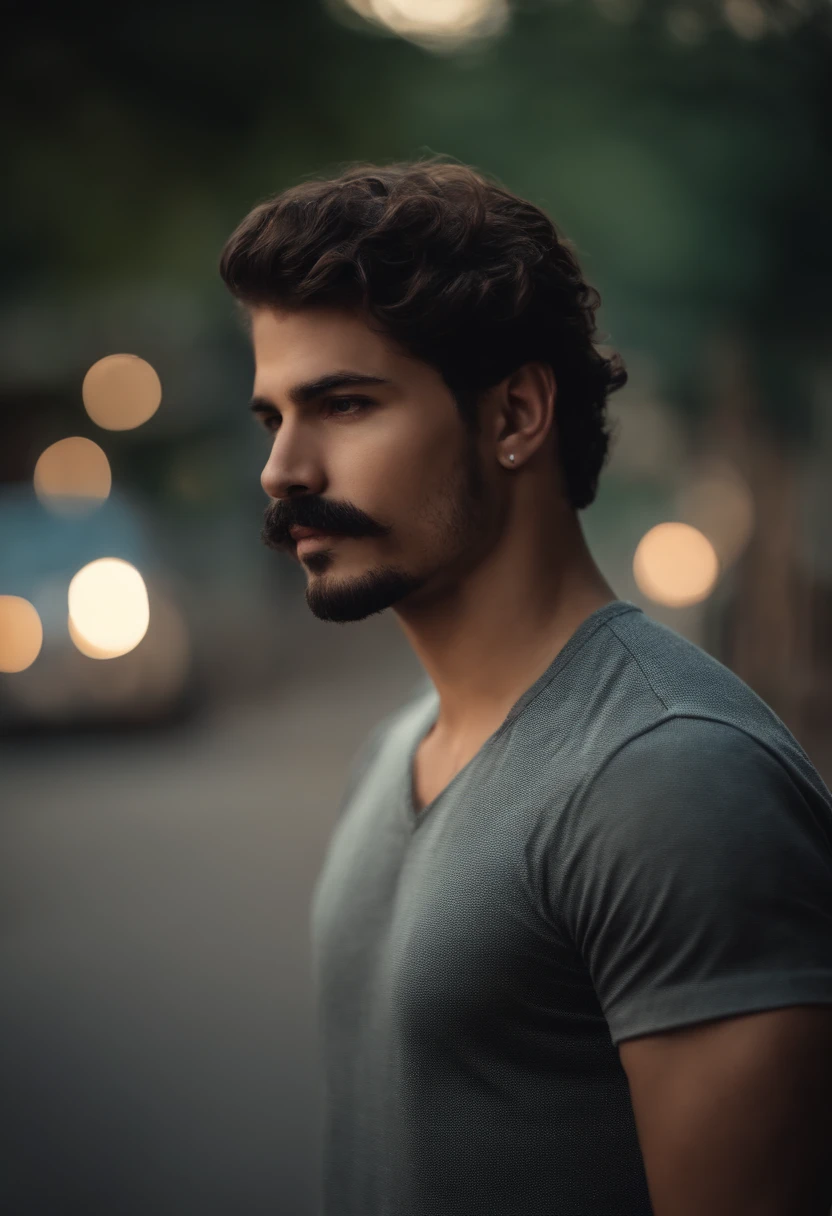 retrato de um modelo bonito de 20 anos, bonito, cabelos cacheados e pretos, bigode fino e com camisa preta