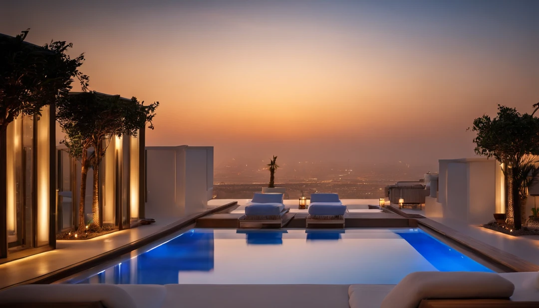 (((Sunset in Dubai)),((Tower Hotel)),The stunning night view is super beautiful.,((The outdoor living room on the hill is a large open veranda)),Moody ocean blue pool,((A strong blue light lit up from the bottom of the pool envelops the area)),(High-quality flooring by the pool),Cushions for relaxation,(Iridescent sunset),Mysterious Sea,4k,An ultra-high picture quality,Luxury space,Moody indirect lighting,houseplant,rich,Rich,VIP,VIP Moments
