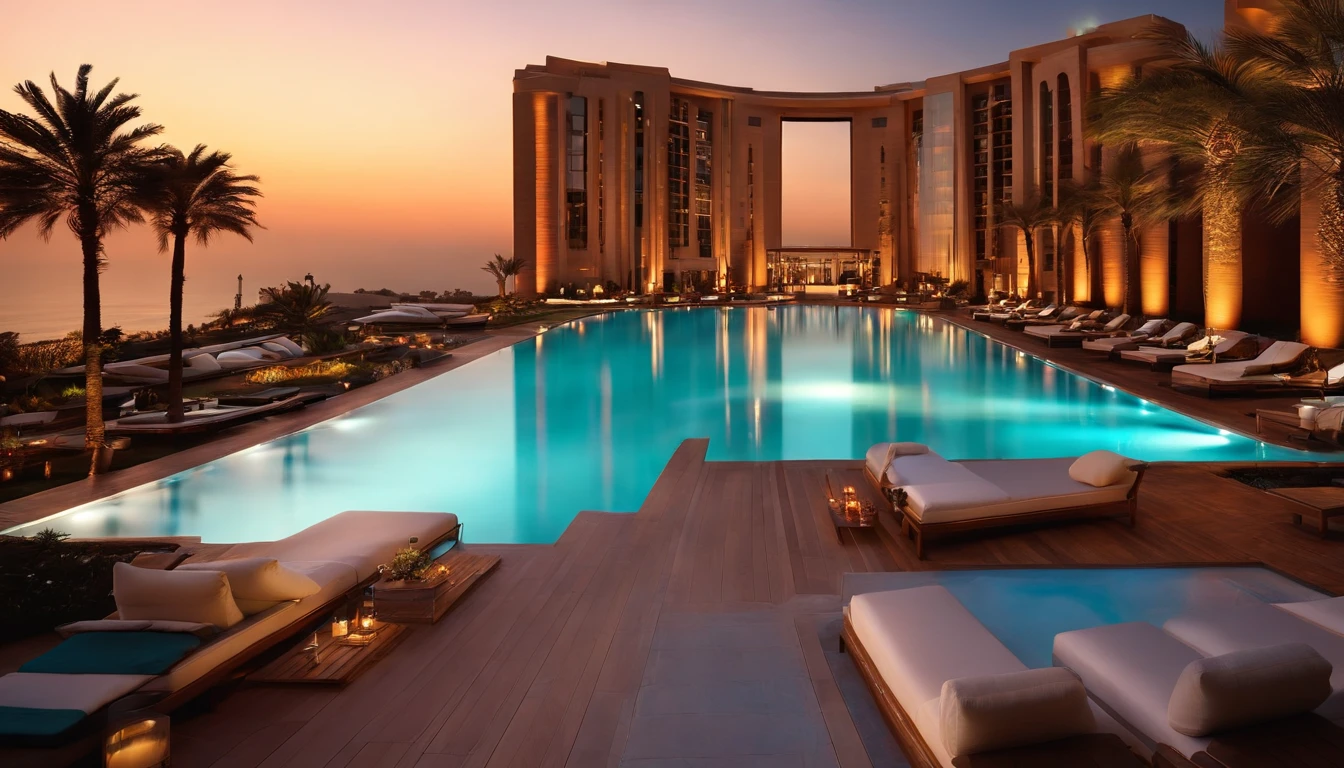 (((Sunset in Dubai)),((Tower Hotel)),The stunning night view is super beautiful.,((The outdoor living room on the hill is a large open veranda)),Moody ocean blue pool,((A strong blue light lit up from the bottom of the pool envelops the area)),(High-quality flooring by the pool),Cushions for relaxation,(Iridescent sunset),Mysterious Sea,4k,An ultra-high picture quality,Luxury space,Moody indirect lighting,houseplant,rich,Rich,VIP,VIP Moments