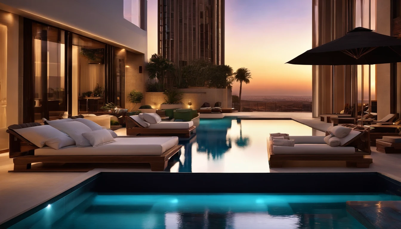 (((Sunset in Dubai)),((Tower Hotel)),The stunning night view is super beautiful.,((The outdoor living room on the hill is a large open veranda)),Moody ocean blue pool,((A strong blue light lit up from the bottom of the pool envelops the area)),(High-quality flooring by the pool),Cushions for relaxation,(Iridescent sunset),Mysterious Sea,4k,An ultra-high picture quality,Luxury space,Moody indirect lighting,houseplant,rich,Rich,VIP,VIP Moments
