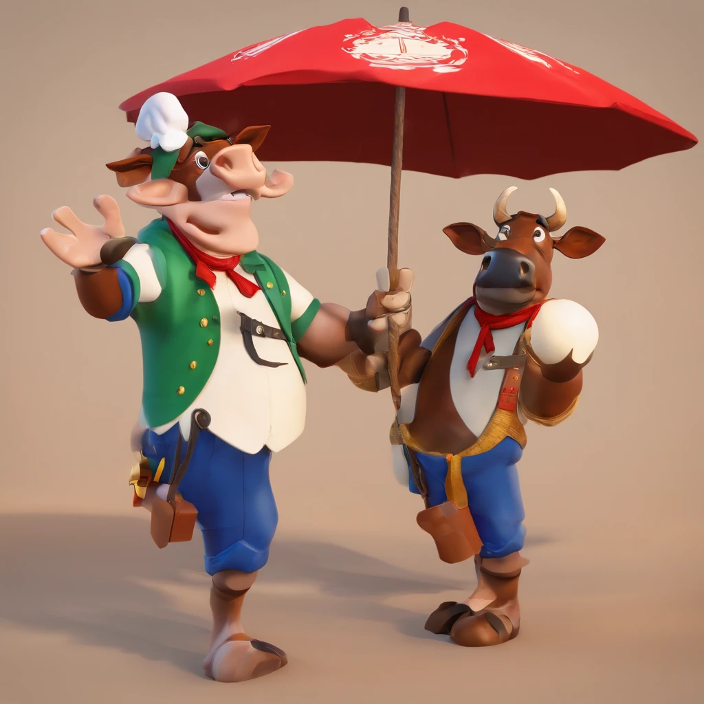 Create an image of an anthropomorphic cow standing, com uma perna de pau de madeira substituindo uma das patas traseiras, vestindo uma bandana vermelha com caveira e ossos cruzados, e um tapa-olho preto. The cow must have a determined expression and be holding a sailor's cleaver. O fundo pode ser uma praia com palmeiras e o mar ao fundo, Like a pirate scenario.