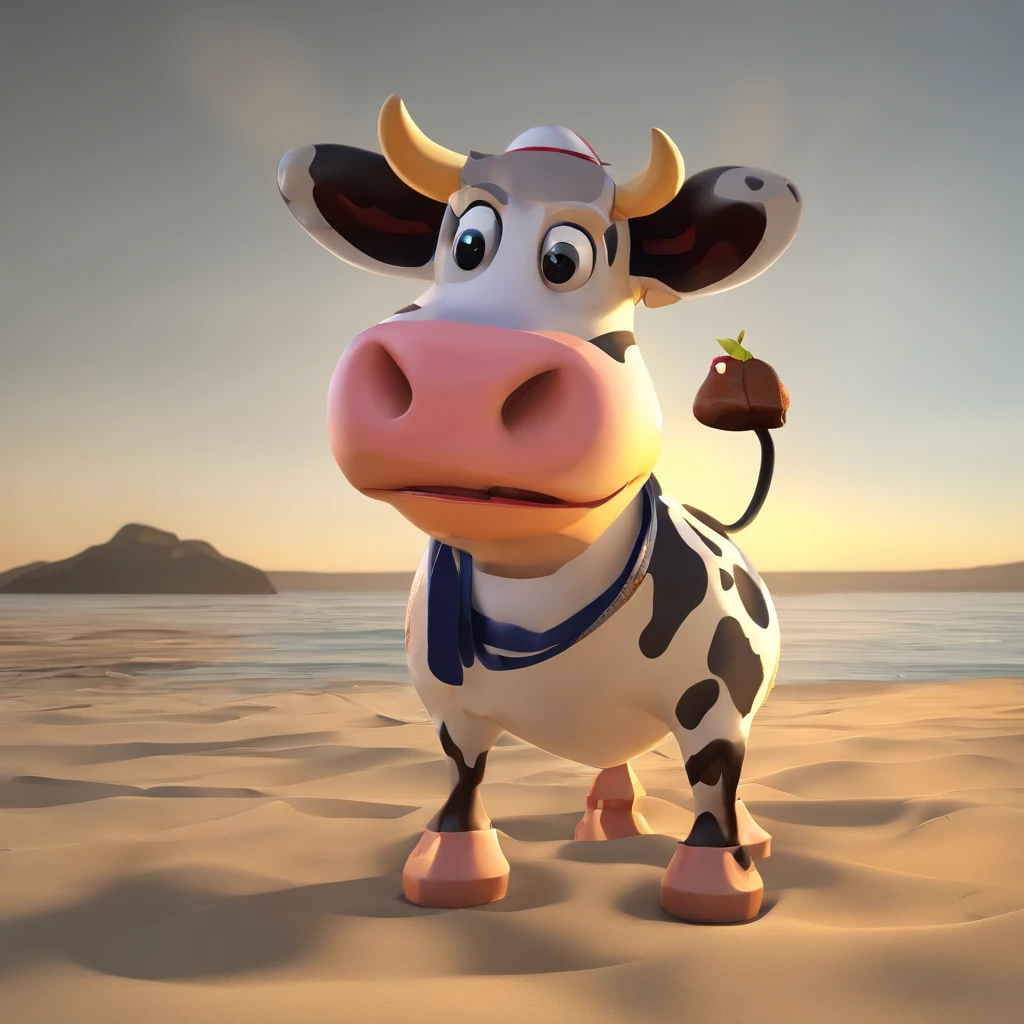 Create an image of an anthropomorphic cow standing, com uma perna de pau de madeira substituindo uma das patas traseiras, vestindo uma bandana vermelha com caveira e ossos cruzados, e um tapa-olho preto. The cow must have a determined expression and be holding a sailor's cleaver. O fundo pode ser uma praia com palmeiras e o mar ao fundo, Like a pirate scenario.