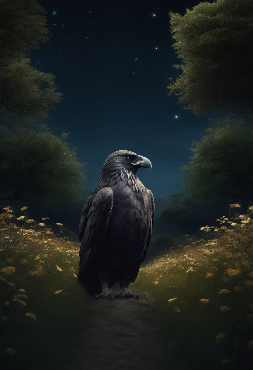 alta qualidade, 8k ultra hd |, Ultra-realistic and highly detailed starry sky, Estrela cadente, Meia-noite, Detailed shadow illustration of a Celtic warrior short gray hair, Long beard walking down a path full of flowers and bushes looking up at the starry sky in a meadow, um lobo o acompanha, An eagle and a raven fly far in the sky, por yukisakura, Very detailed,