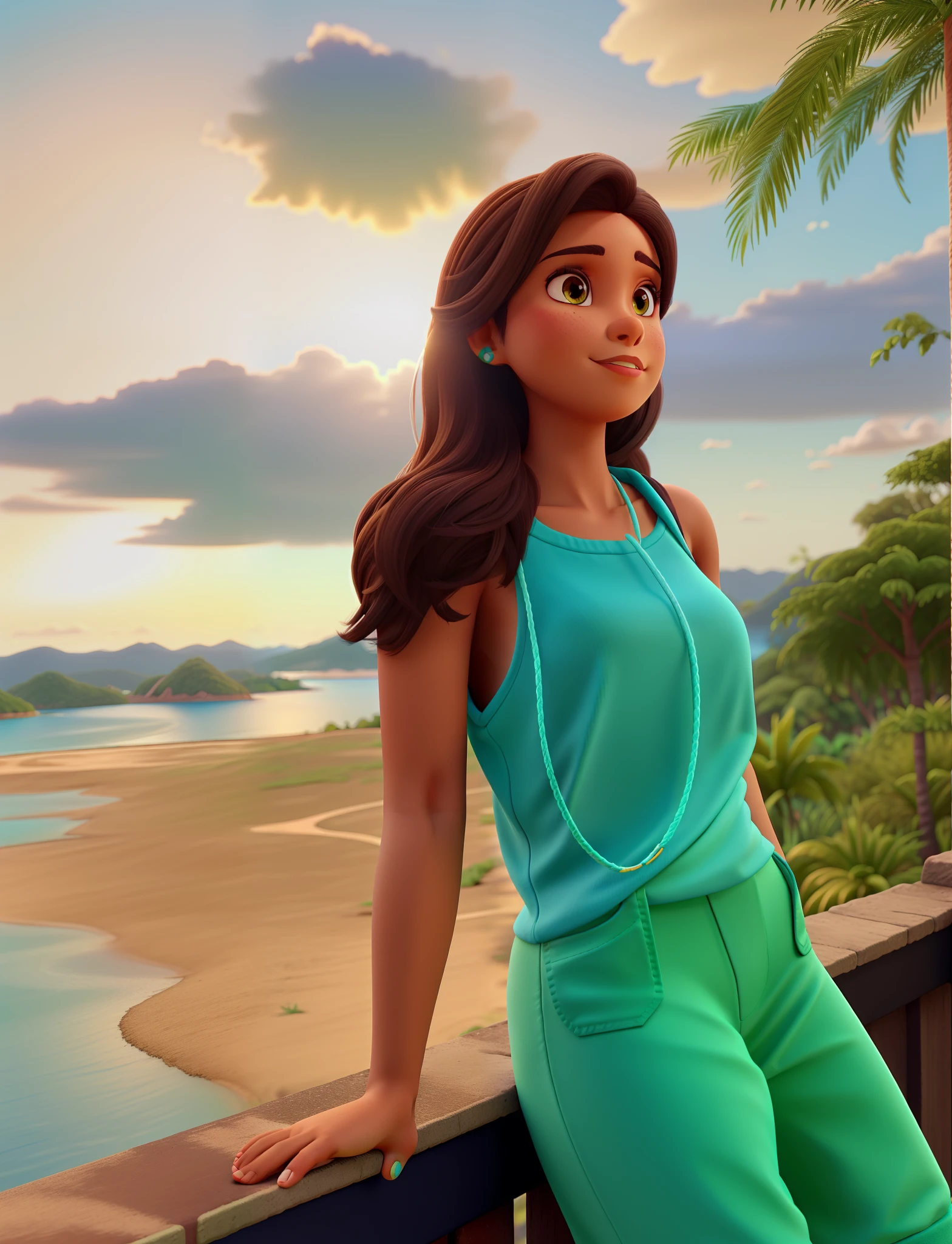 Brazilian woman with dark brown hair with blue-green tips in a turquoise blue outfit and ALL star sneakers on a sunny day
