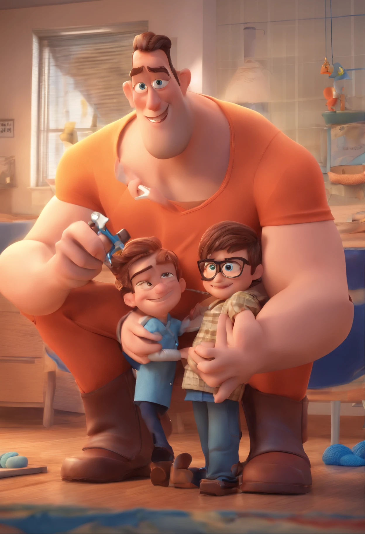 Estilo Pixar: The grown man is holding a naked blue-eyed boy and in his other hand he is holding a pair of scissors and is trying to cut off the boy's testicles,3D Poster,Disney