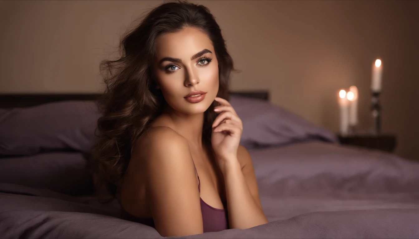 photography, medium format camera, seductive, alluring, A captivating image features a woman lying on a bed, holding a remote control. Her expression is a mix of cute and seductive smiles, reminiscent of Violet Myers. She possesses a stunning Latina appearance, resembling Lorena Avarez and Laura Barriales. Age range between 18 and 22.