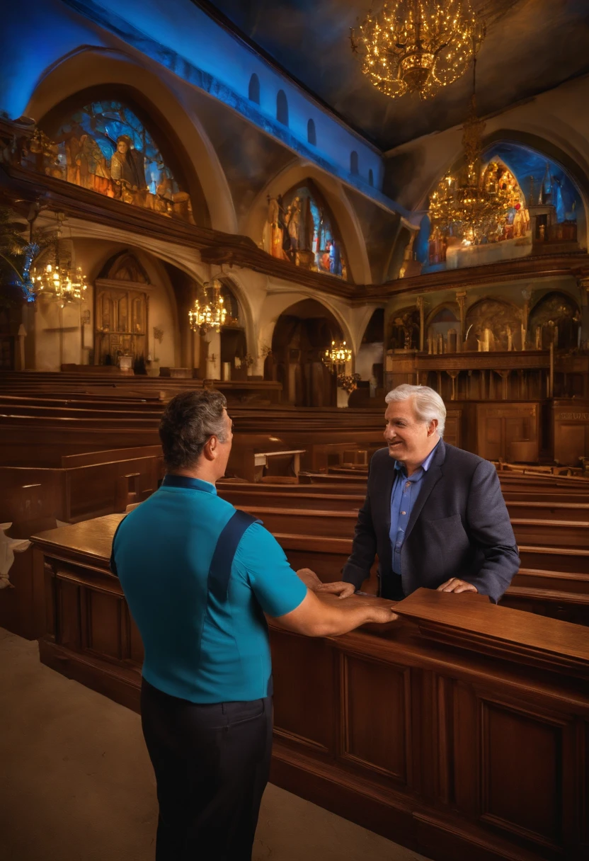 poster 3D inspirado na Disney/Pixar capturando uma cena com um homem de 39 anos, cabelo loiro curto, olho azul, With a Nikon camera in his hand. Background of an Evangelical church altar with a sign written Evangelical Community the Dimension of Power.