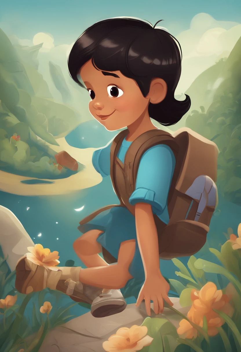 /imagine prompt explorer child ves an invitation to go on Journey to the Planet of Dreams, children's book illustration style, simple, cute, 6 years old, black hair, straight, short, blue short-sleeved shirt, no books, no glasses , with backpack.