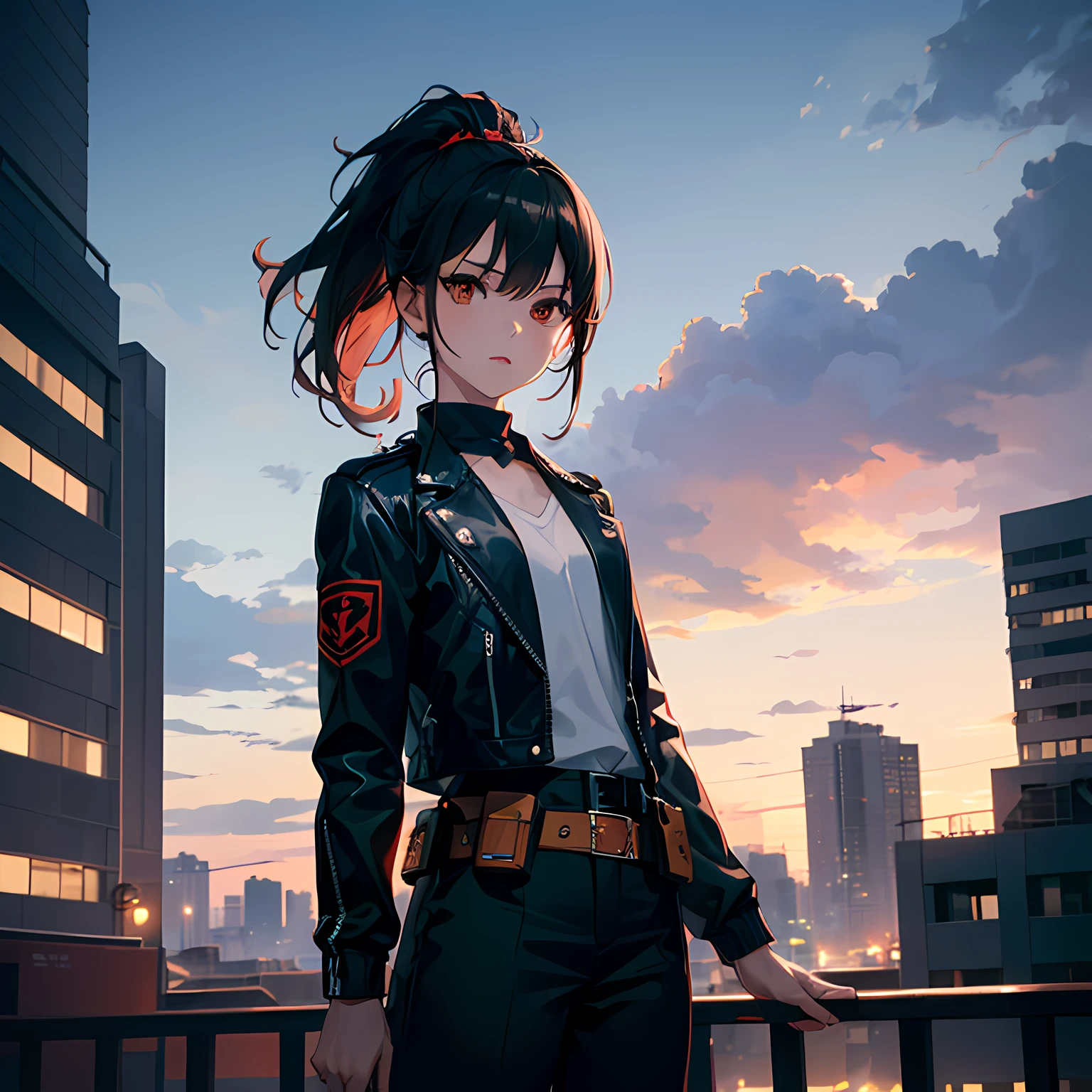 (((best quality, masterpiece))), (sfw:1.5),2 magical demon hunters in plain clothes on top of a building, 1boy, young adult, thin beard, ruffled hair, black hair, focused expression, ((black jacket with dark blue accents, inner shirt, covered upper body)), long pants, utility belt, brown eyes, slender build, BREAK 1girl, age, cute face, shoulder length hair, black hair, ponytail, focused expression, ((normal black jacket with red accents, tight white inner shirt, covered upper body)), long pants, utility belt, brown eyes, slender build, B-cup chest, (looking to the side, on top of a building), (cool looking pose), (fully clothed:1.5), (establishing shot:1.5), (back to back), cinematic, volumetric lighting, moonlight, night time, city lights, (highly detailed face:1.5)