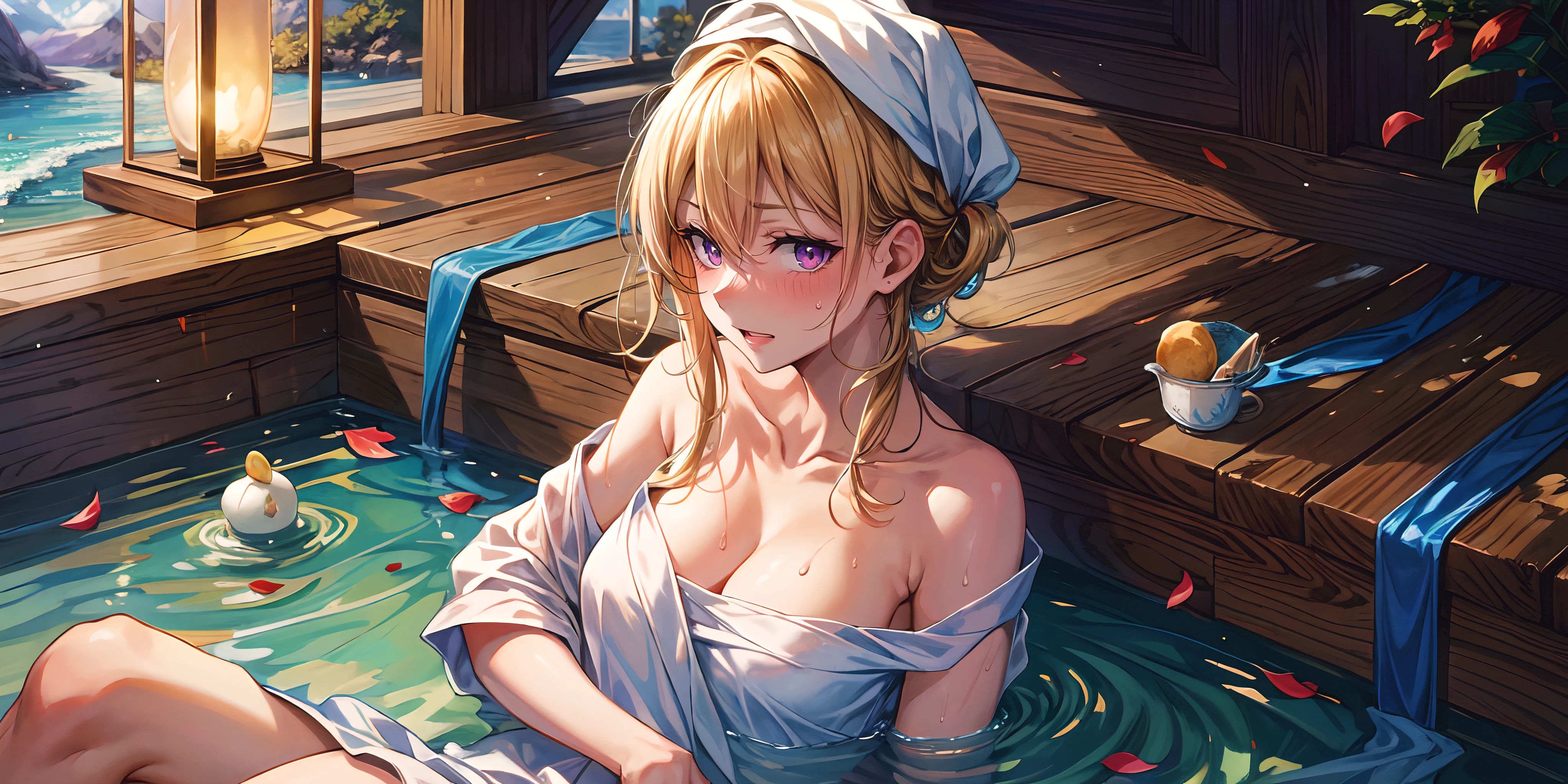 towel, 1girl, breasts, large_breasts, smile, black_hair, solo, looking_at_viewer, petals, cleavage, sitting, blue_eyes, water, collarbone, towel_on_head, open_mouth, crossed_legs, :d, "long shot scenic professional photograph of {prompt}, perfect viewpoint, highly detailed, wide-angle lens, hyper realistic, with dramatic sky, polarizing filter, natural lighting, vivid colors, everything in sharp focus, HDR, UHD, 64K", anime coloring, anime screencap, sweating,