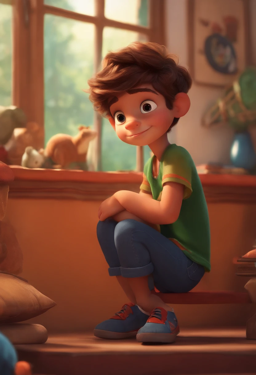 (Side Focus), Fantasy Art, 3D Pixar Style, ArtStation, Volumetric Lighting, Very Detailed Faces, 4 K, Beige Shorts, white T-shirt, A 5-years-old boy sitting sideways on the floor with his legs crossed, smiling, showing surprise, and looking toward his front, Light brown Hair