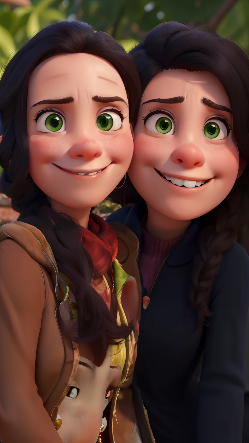 A Woman Smiling with a Serious Girl Disney Pixar Style, alta qualidade, melhor qualidade, olhos verdes, cabelos longos castanhos claros, olho pequeno