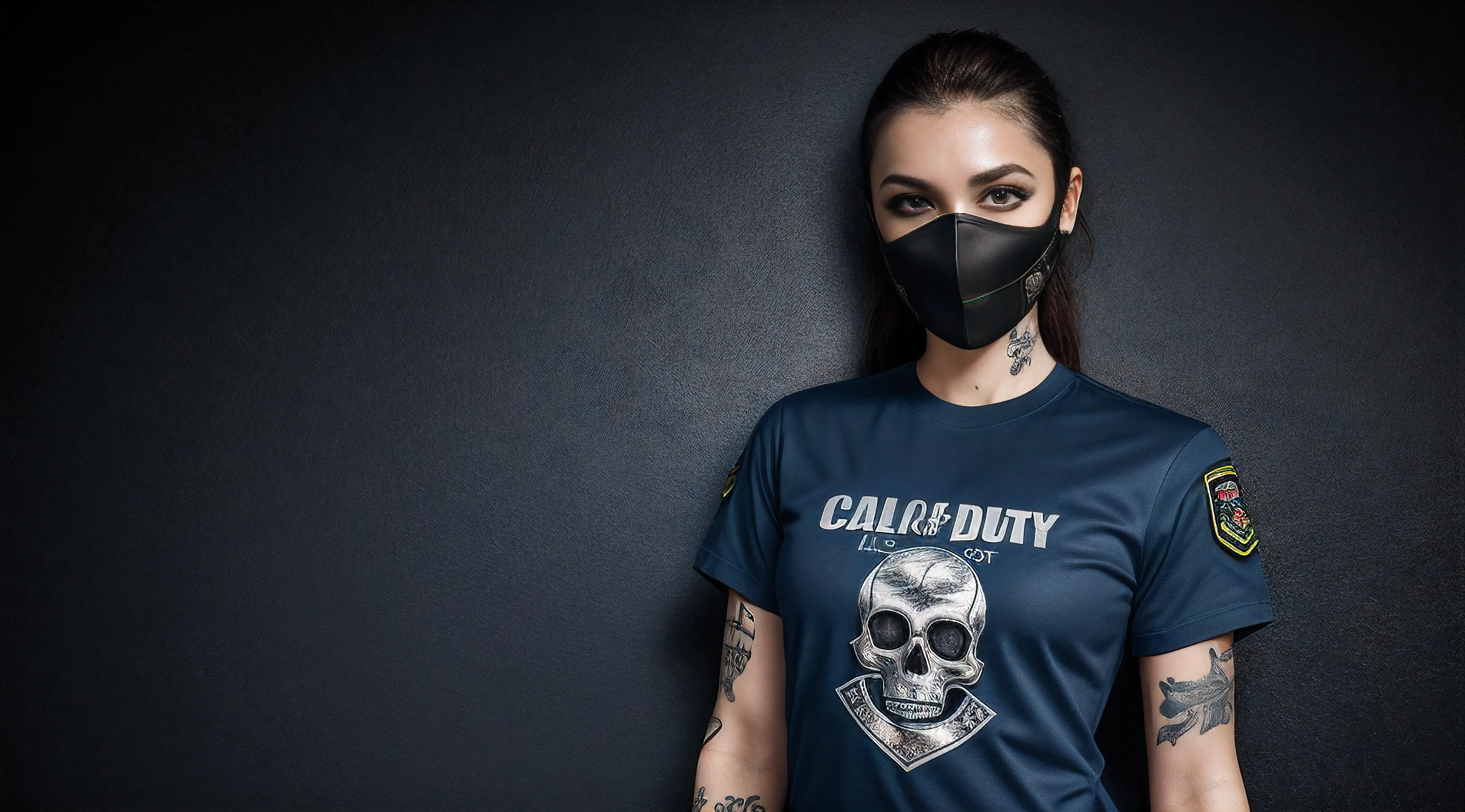 Full-length portrait, woman, Woman Sodat call of duty, Navy blue Pewter Chartreuse fabric camouflage, short sleeves, tattoo, military gear, masterpiece, greatest detail, 8k, UHD, HDR, thedeathsquad, detailed mask with skull on face, cowboy shot